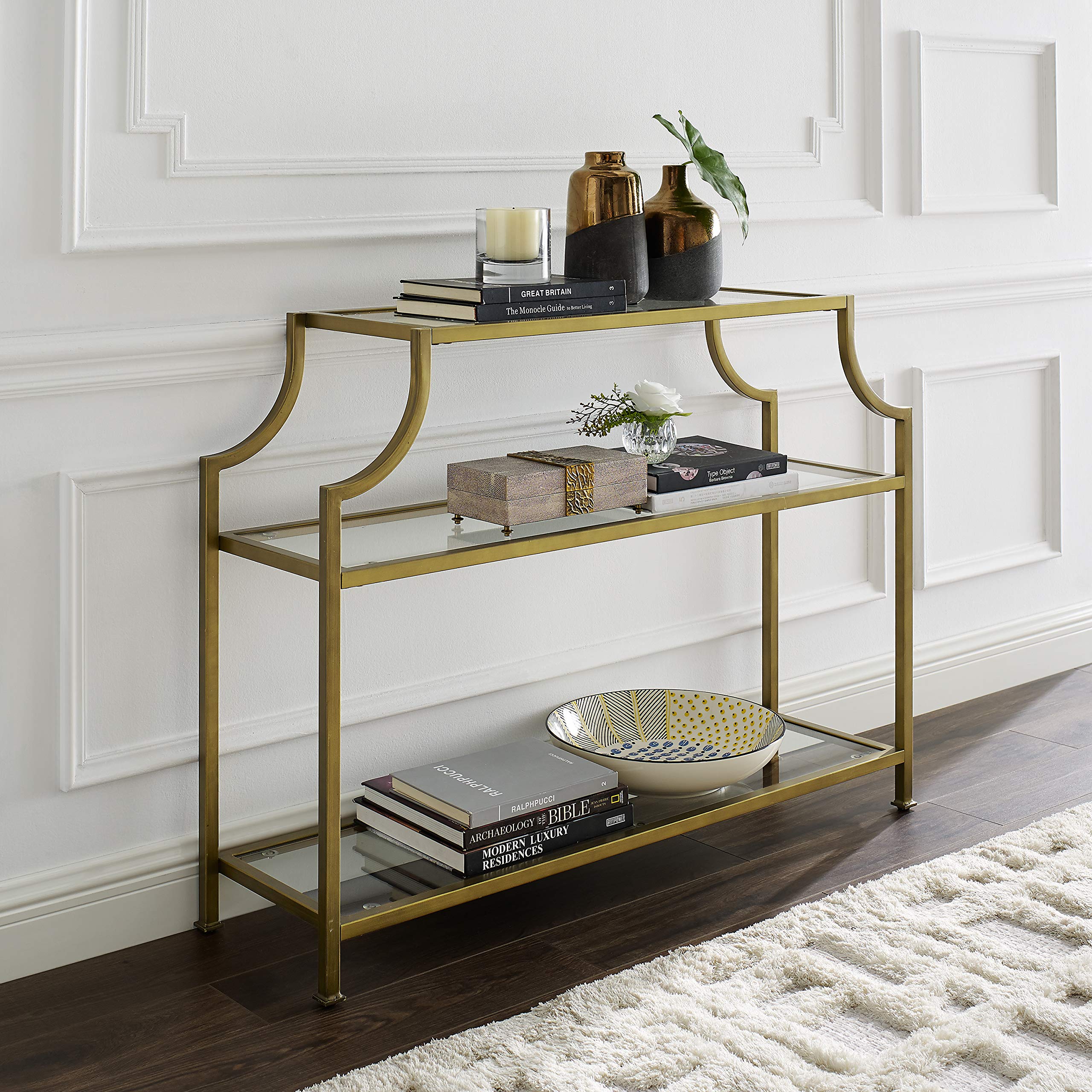 Crosley Furniture Aimee Sofa Console Table with Storage Shelves for Hall, Entryway, or Living Room, Gold and Glass - Image 12
