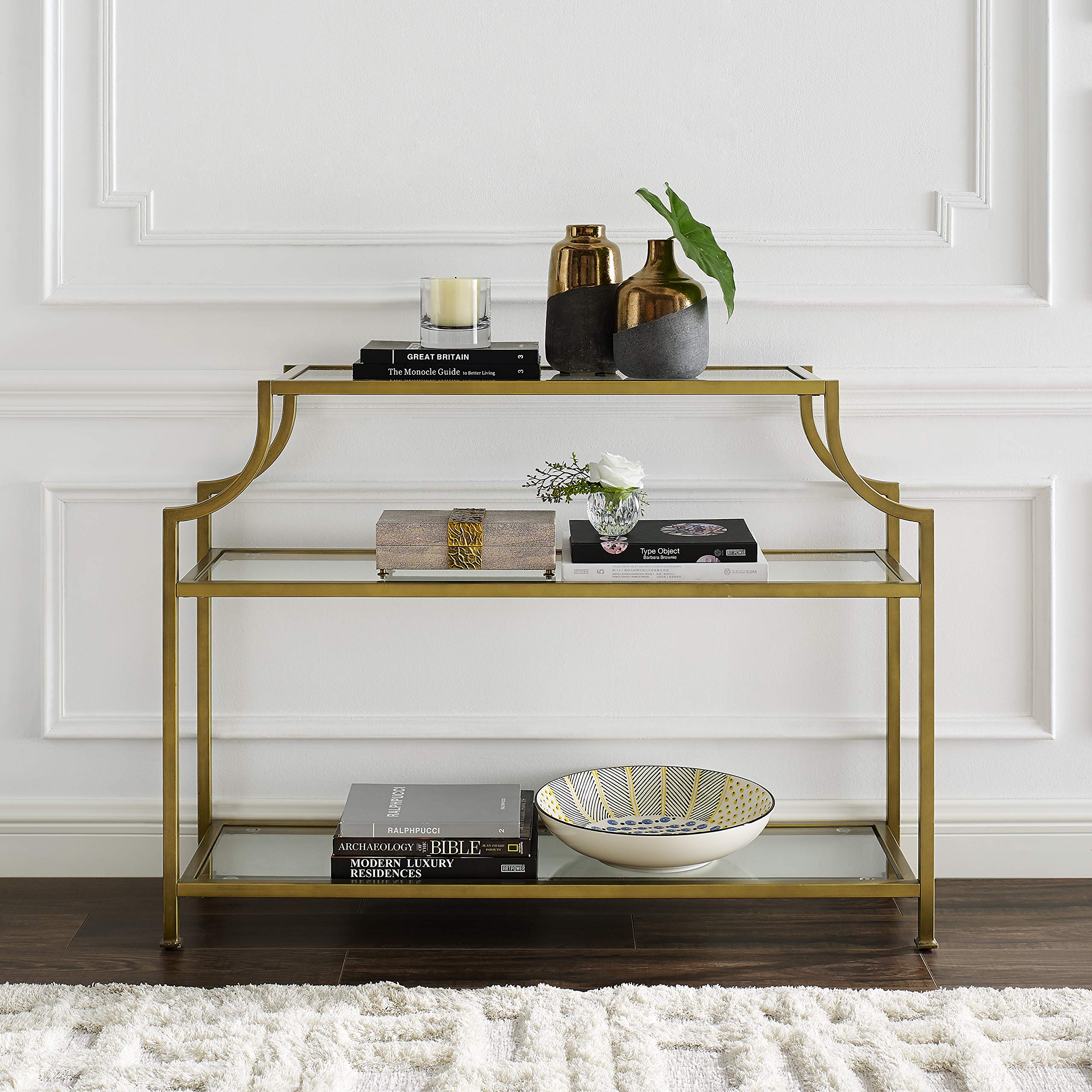 Crosley Furniture Aimee Sofa Console Table with Storage Shelves for Hall, Entryway, or Living Room, Gold and Glass - Image 13