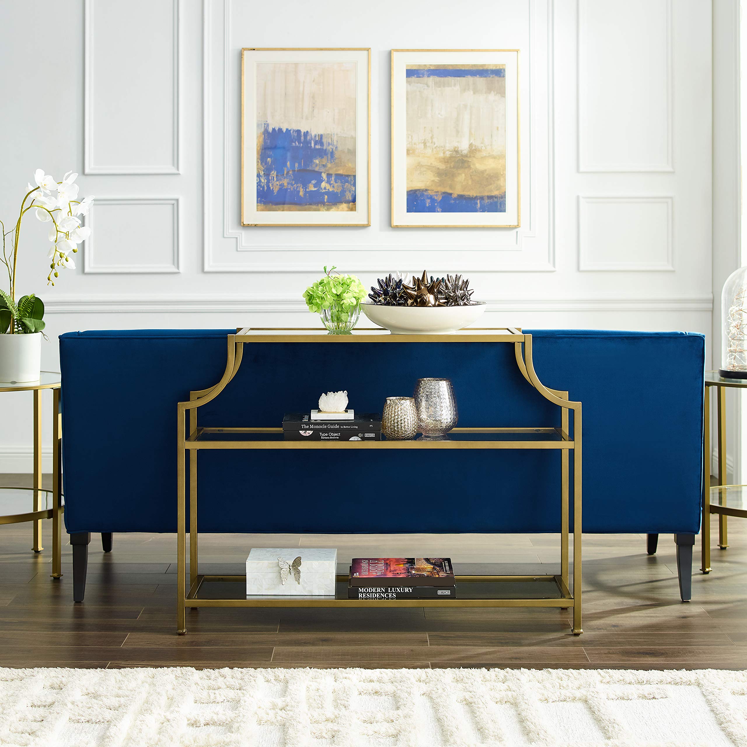 Crosley Furniture Aimee Sofa Console Table with Storage Shelves for Hall, Entryway, or Living Room, Gold and Glass - Image 14