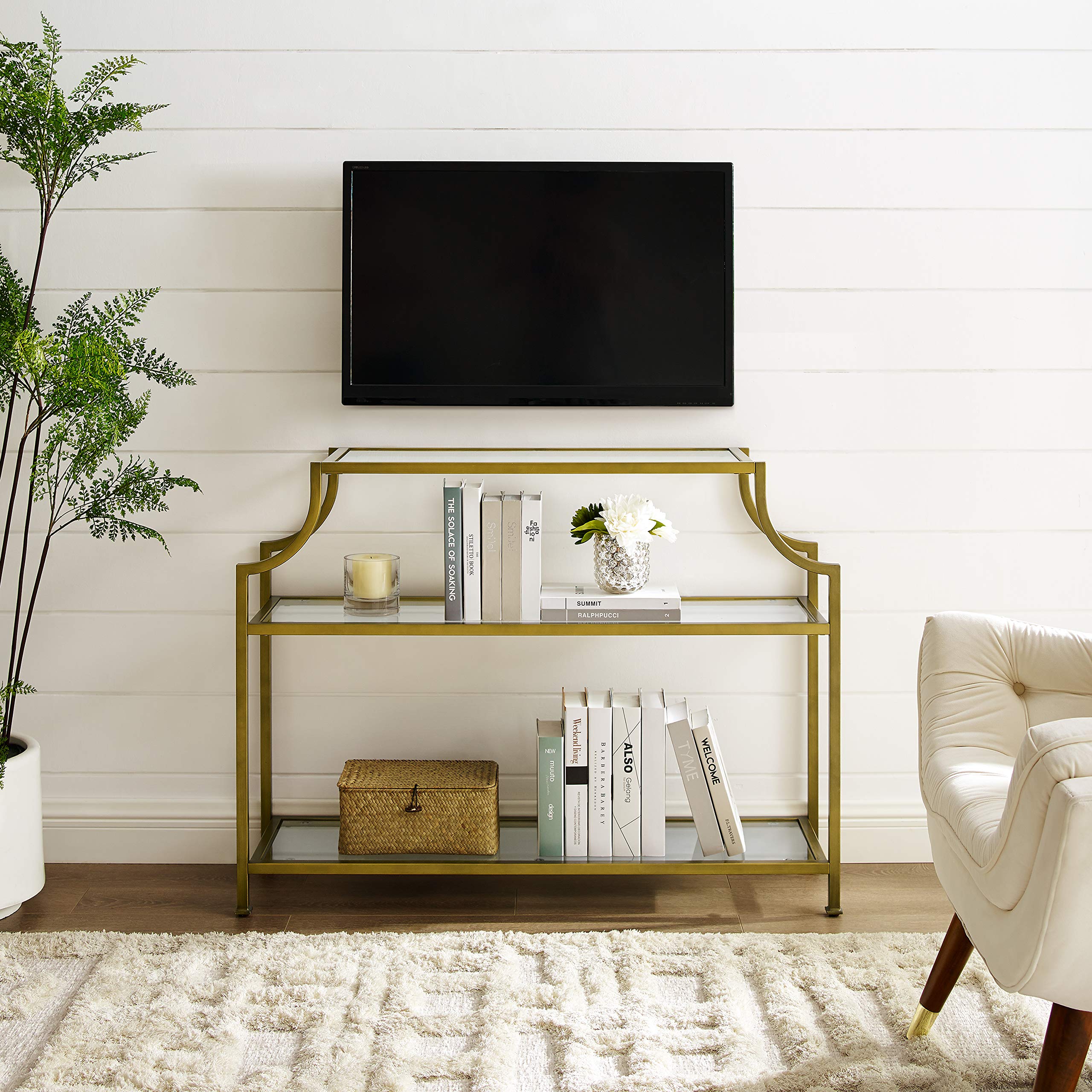 Crosley Furniture Aimee Sofa Console Table with Storage Shelves for Hall, Entryway, or Living Room, Gold and Glass - Image 7