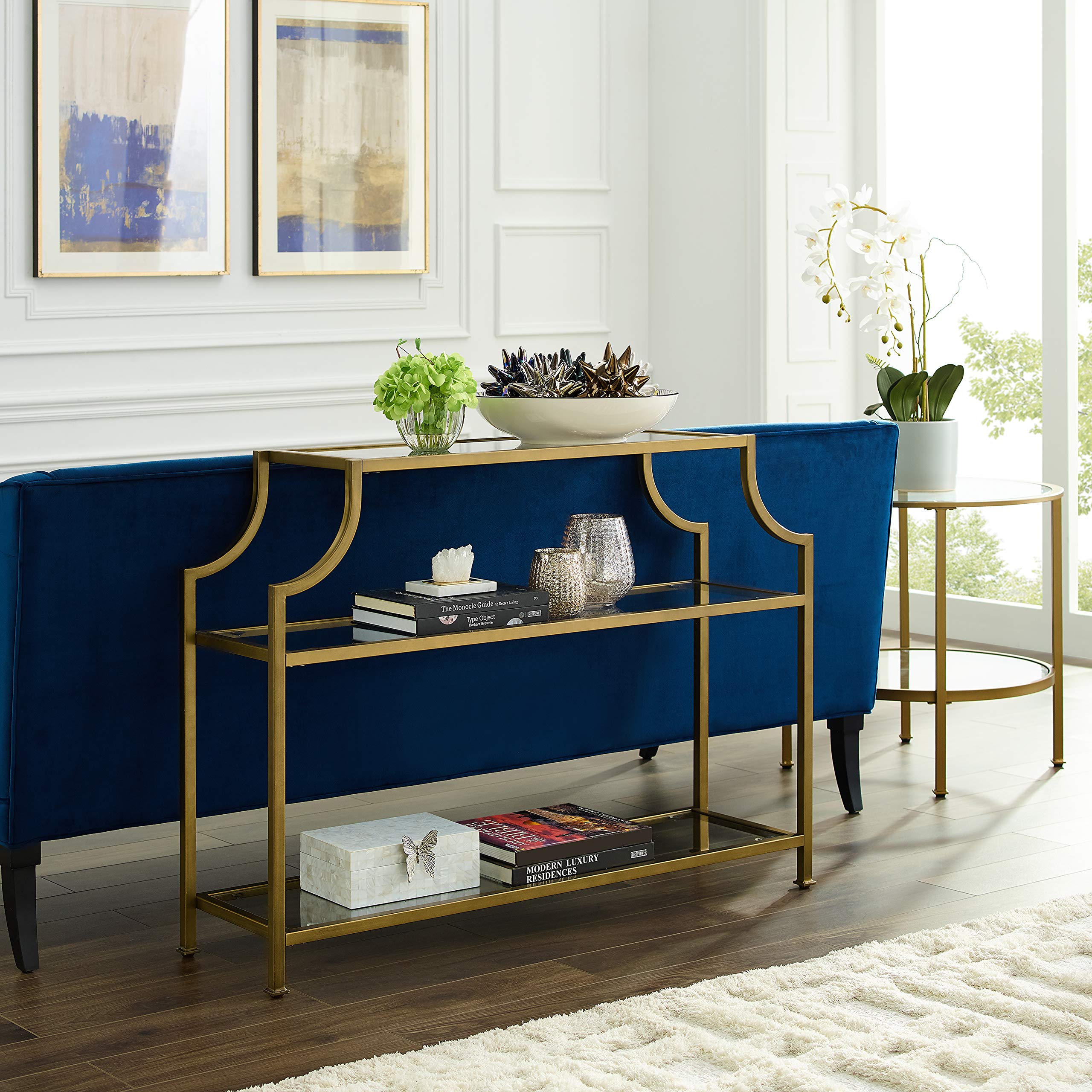 Crosley Furniture Aimee Sofa Console Table with Storage Shelves for Hall, Entryway, or Living Room, Gold and Glass - Image 8