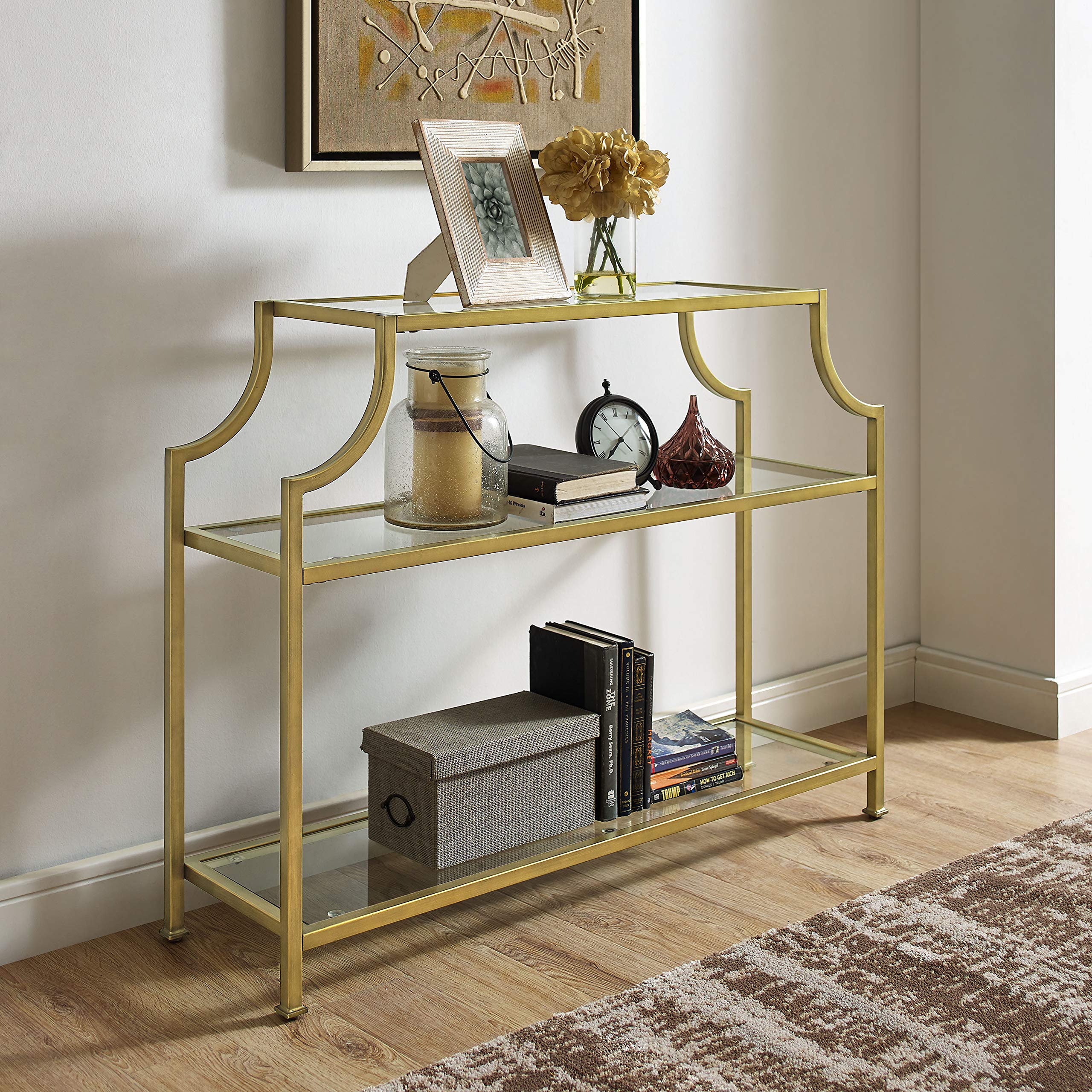 Crosley Furniture Aimee Sofa Console Table with Storage Shelves for Hall, Entryway, or Living Room, Gold and Glass - Image 9