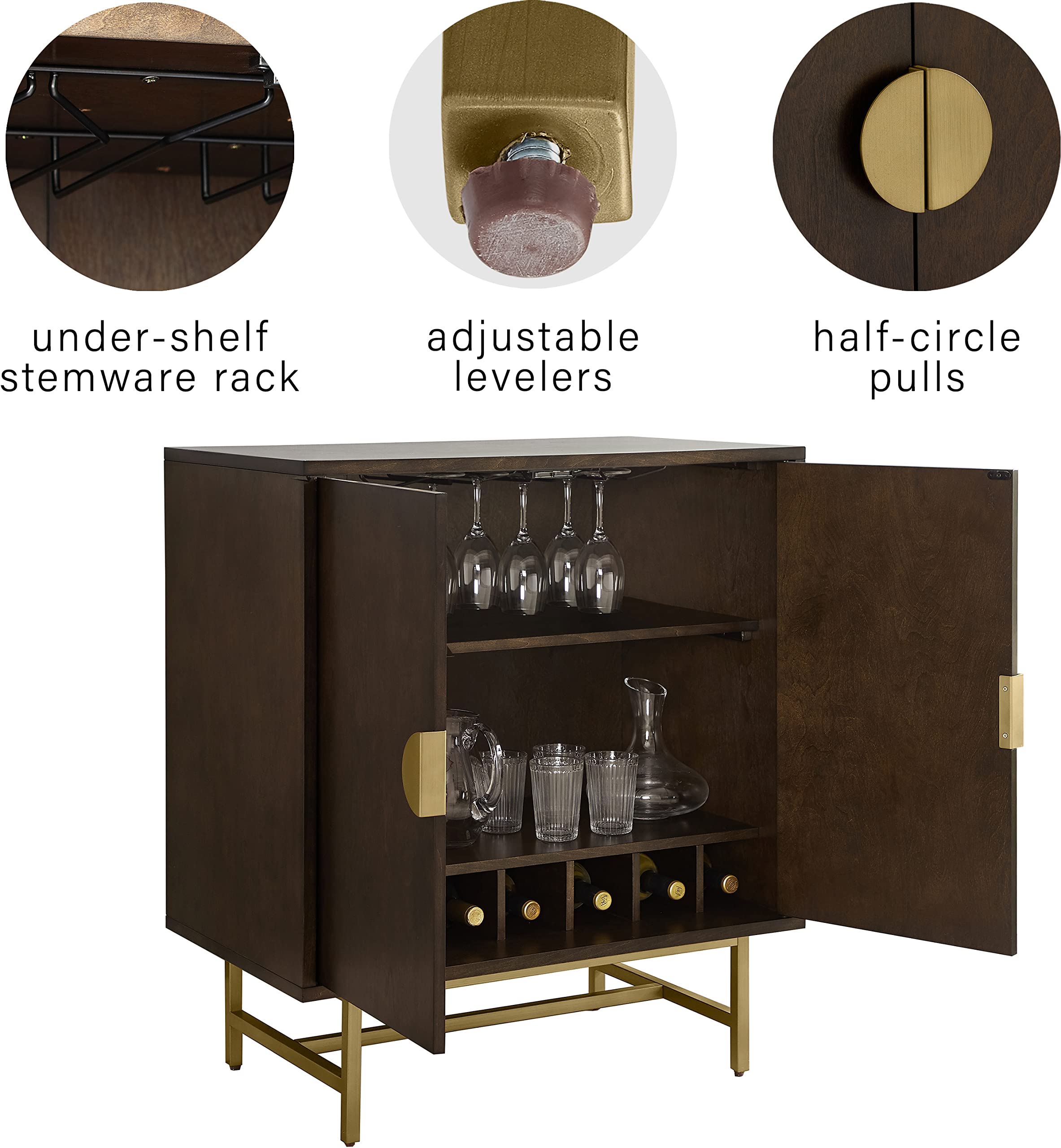Crosley Furniture Blair Bar Cabinet with Storage Shelves and Wine Rack, Dark Brown/Gold - Image 7