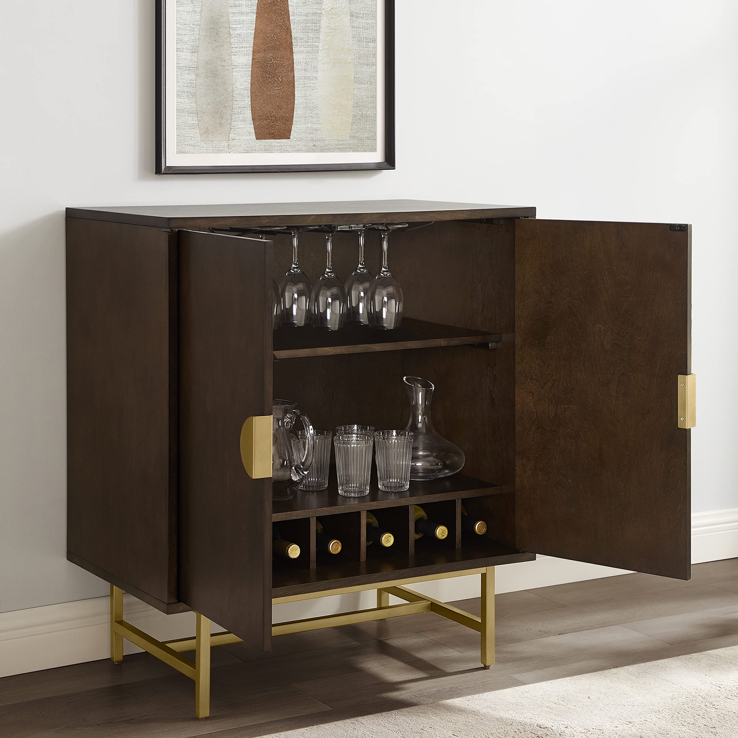 Crosley Furniture Blair Bar Cabinet with Storage Shelves and Wine Rack, Dark Brown/Gold - Image 9