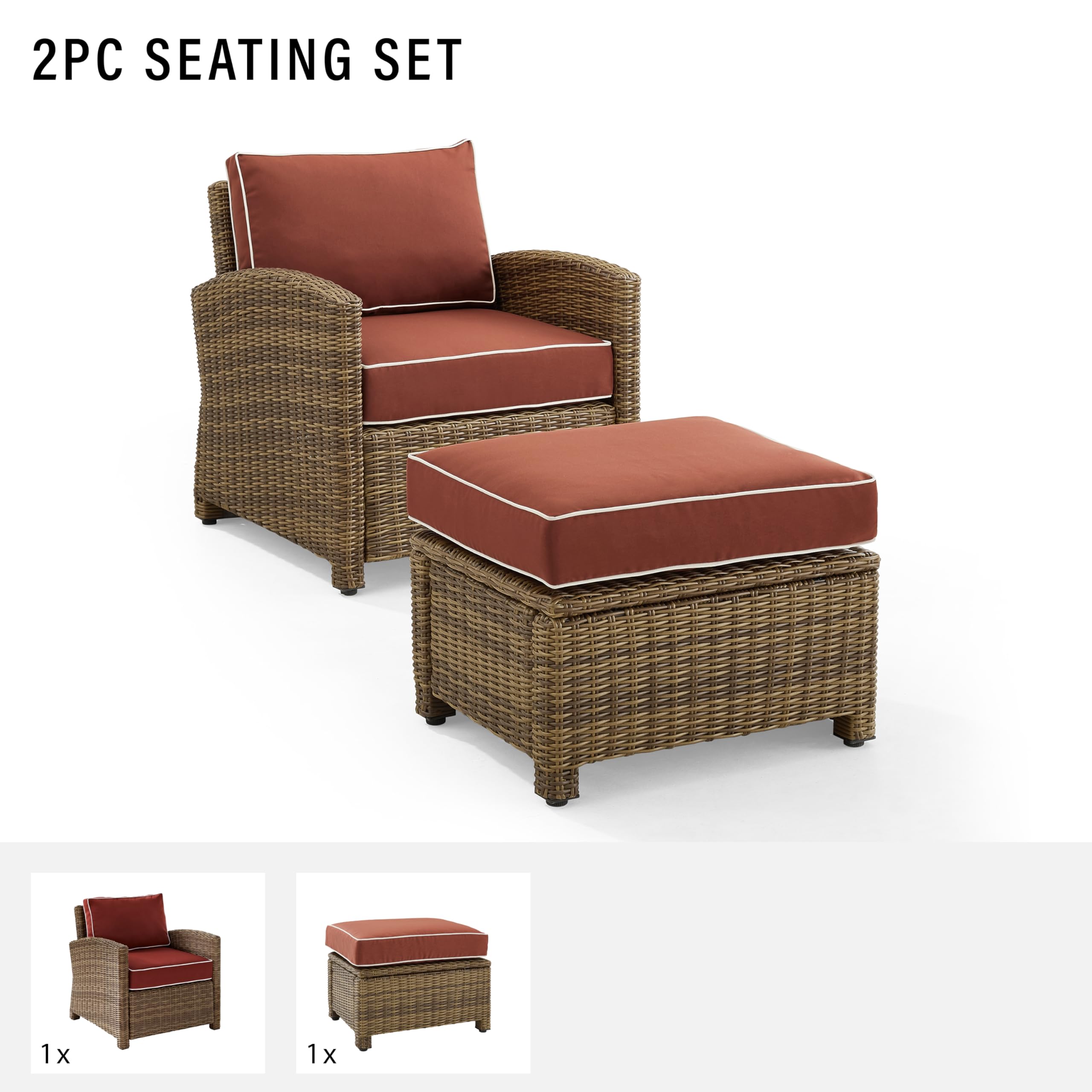 Crosley Furniture Bradenton 2-Piece Outdoor Chair and Ottoman Set, Wicker Patio Conversation Sets for Porch, Brown with Sangria Cushions - Image 12
