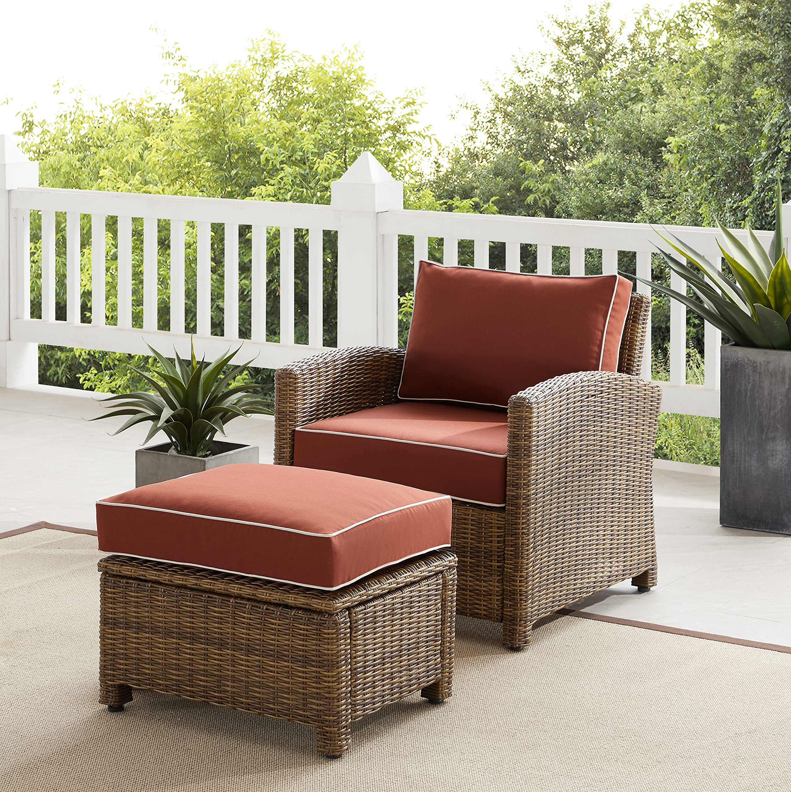 Crosley Furniture Bradenton 2-Piece Outdoor Chair and Ottoman Set, Wicker Patio Conversation Sets for Porch, Brown with Sangria Cushions - Image 6