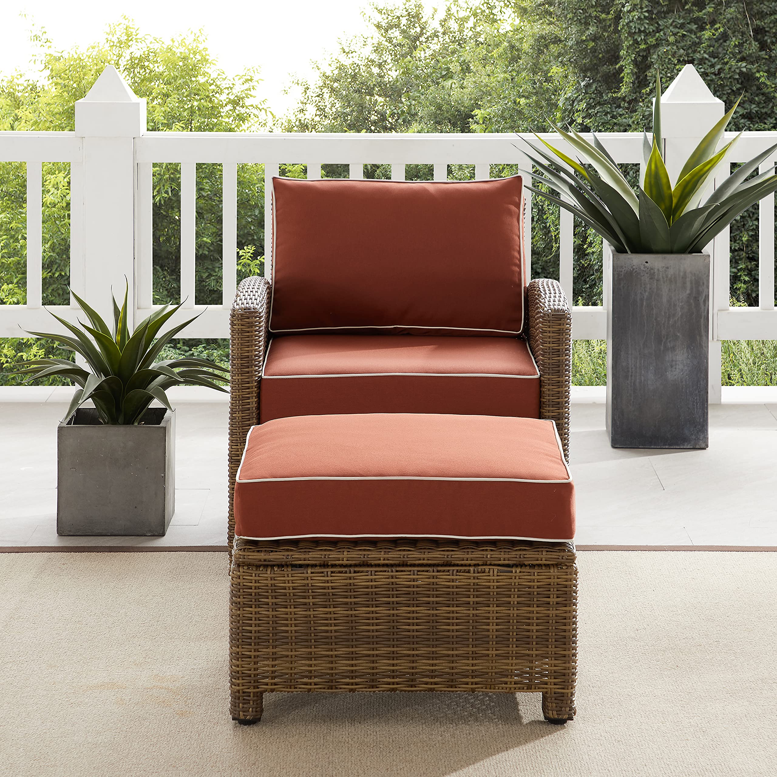 Crosley Furniture Bradenton 2-Piece Outdoor Chair and Ottoman Set, Wicker Patio Conversation Sets for Porch, Brown with Sangria Cushions - Image 7