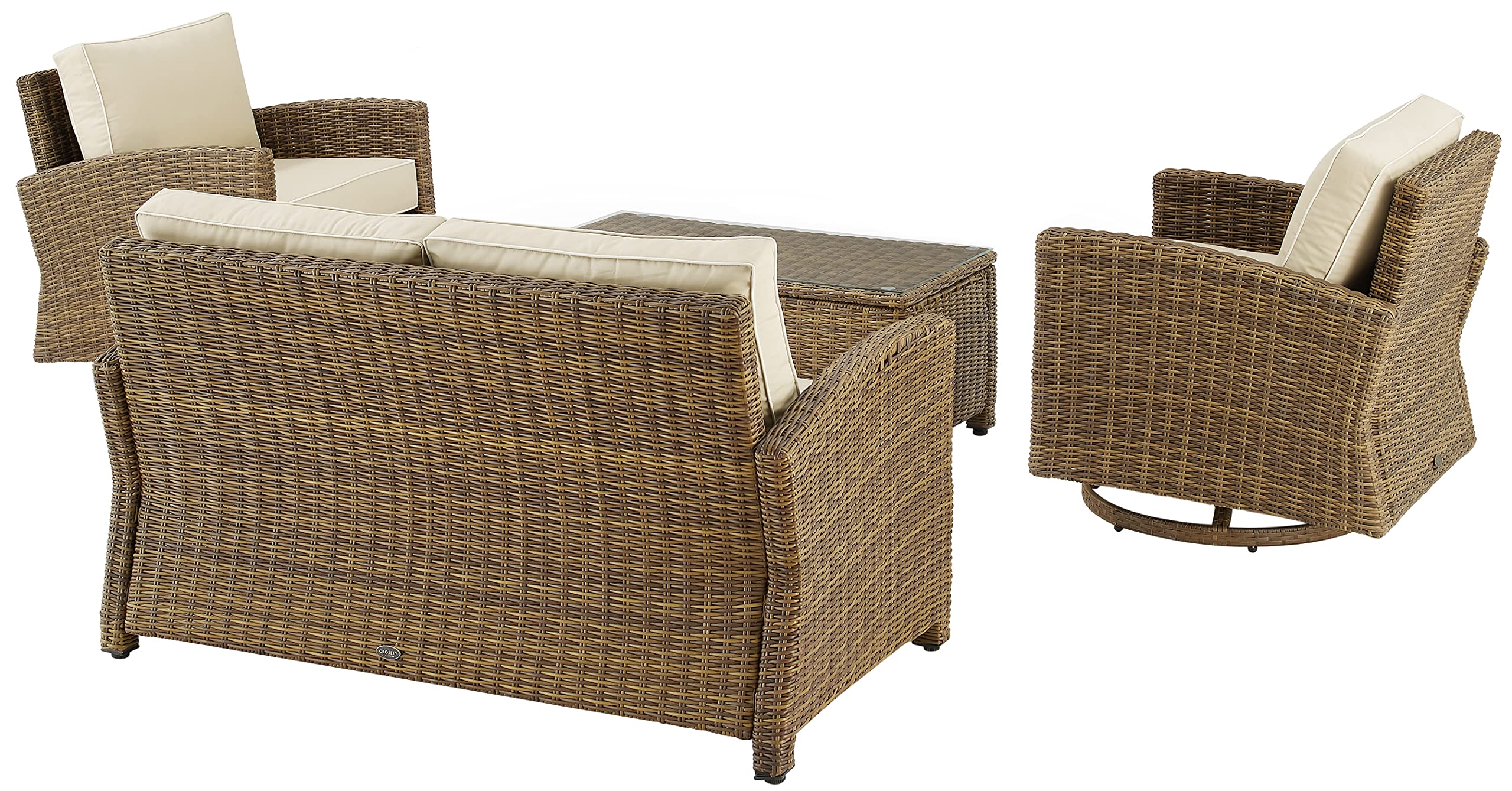 Crosley Furniture Bradenton 4-Piece Wicker Outdoor Loveseat and Swivel Rocker Patio Furniture Set for Porch, Brown with Sand Cushions - Image 3