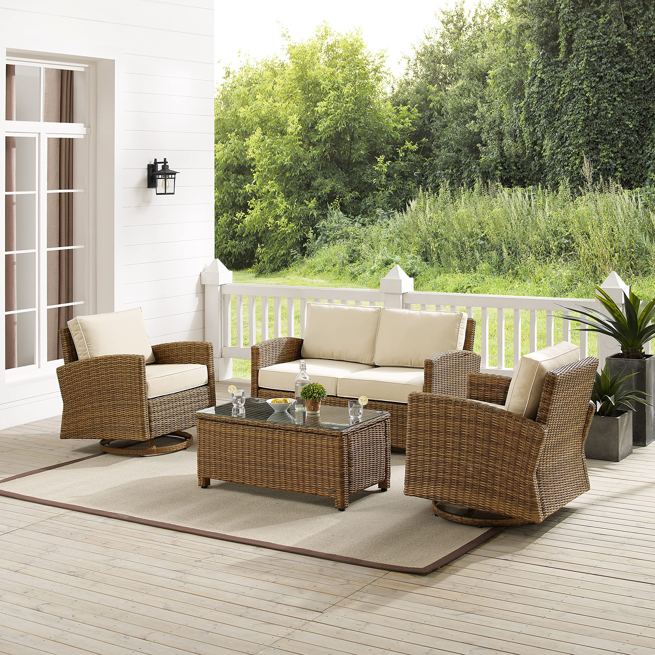 Crosley Furniture Bradenton 4-Piece Wicker Outdoor Loveseat and Swivel Rocker Patio Furniture Set for Porch, Brown with Sand Cushions - Image 5