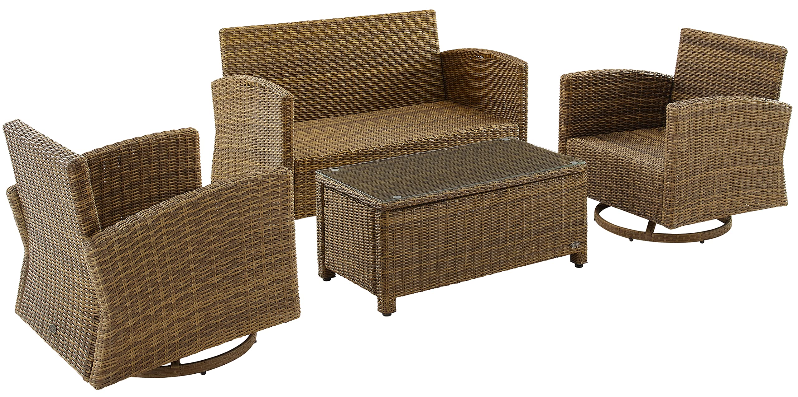 Crosley Furniture Bradenton 4-Piece Wicker Outdoor Loveseat and Swivel Rocker Patio Furniture Set for Porch, Brown with Sand Cushions - Image 7