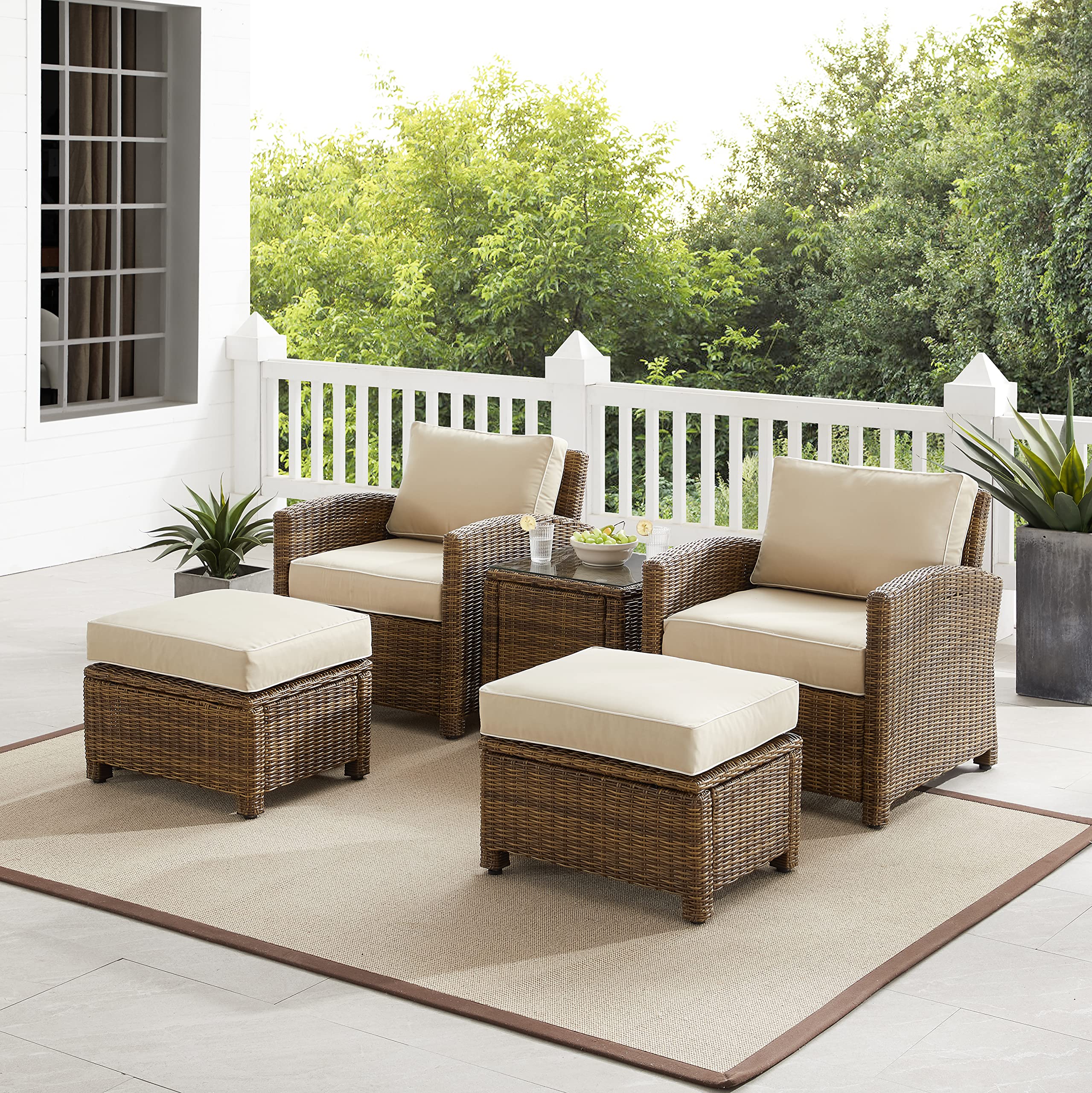 Crosley Furniture Bradenton 5-Piece Outdoor Chair Patio Furniture Set, Wicker Conversation Sets for Porch, Weathered Brown with Sand Cushions - Image 4
