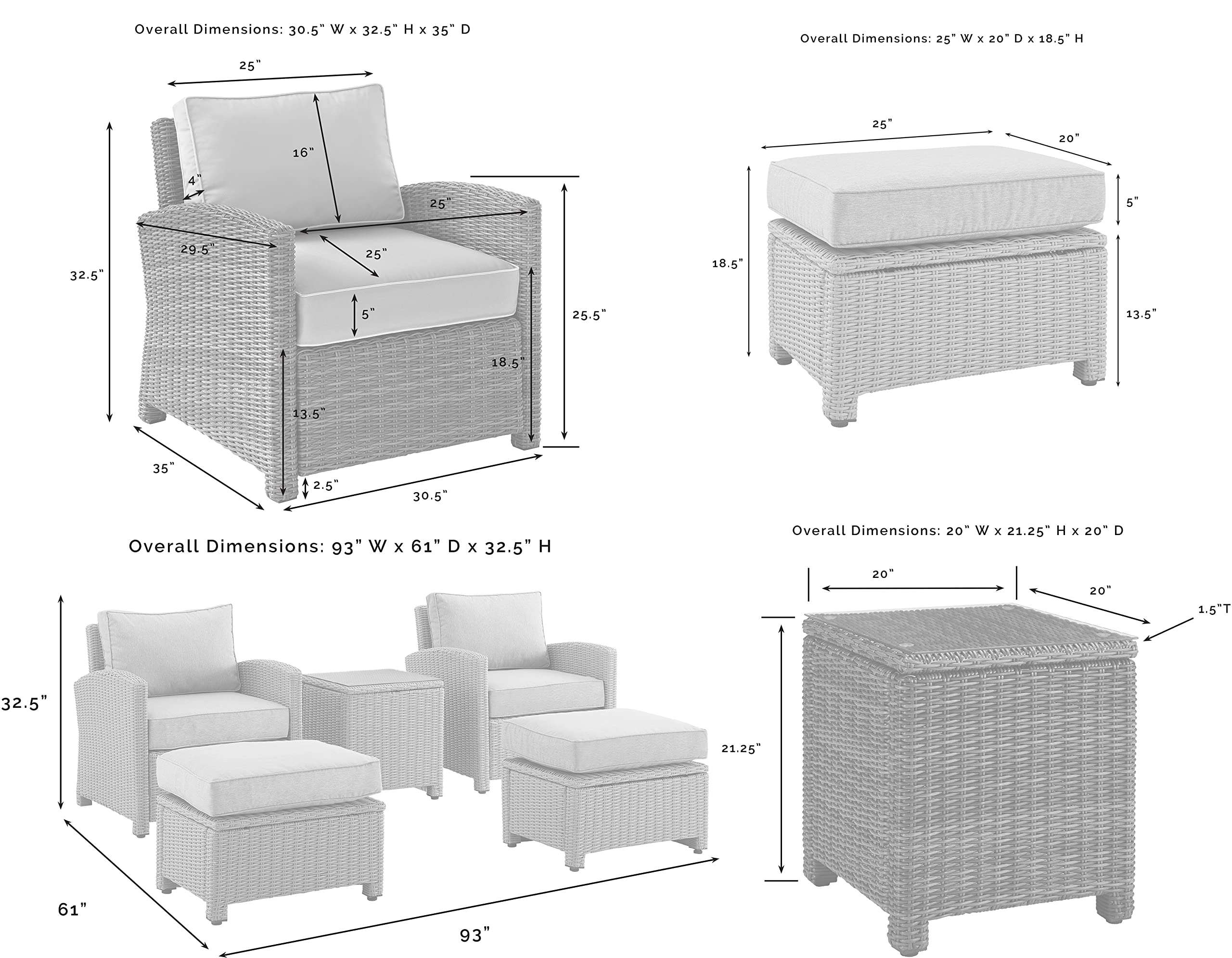 Crosley Furniture Bradenton 5-Piece Outdoor Chair Patio Furniture Set, Wicker Conversation Sets for Porch, Weathered Brown with Sand Cushions - Image 6