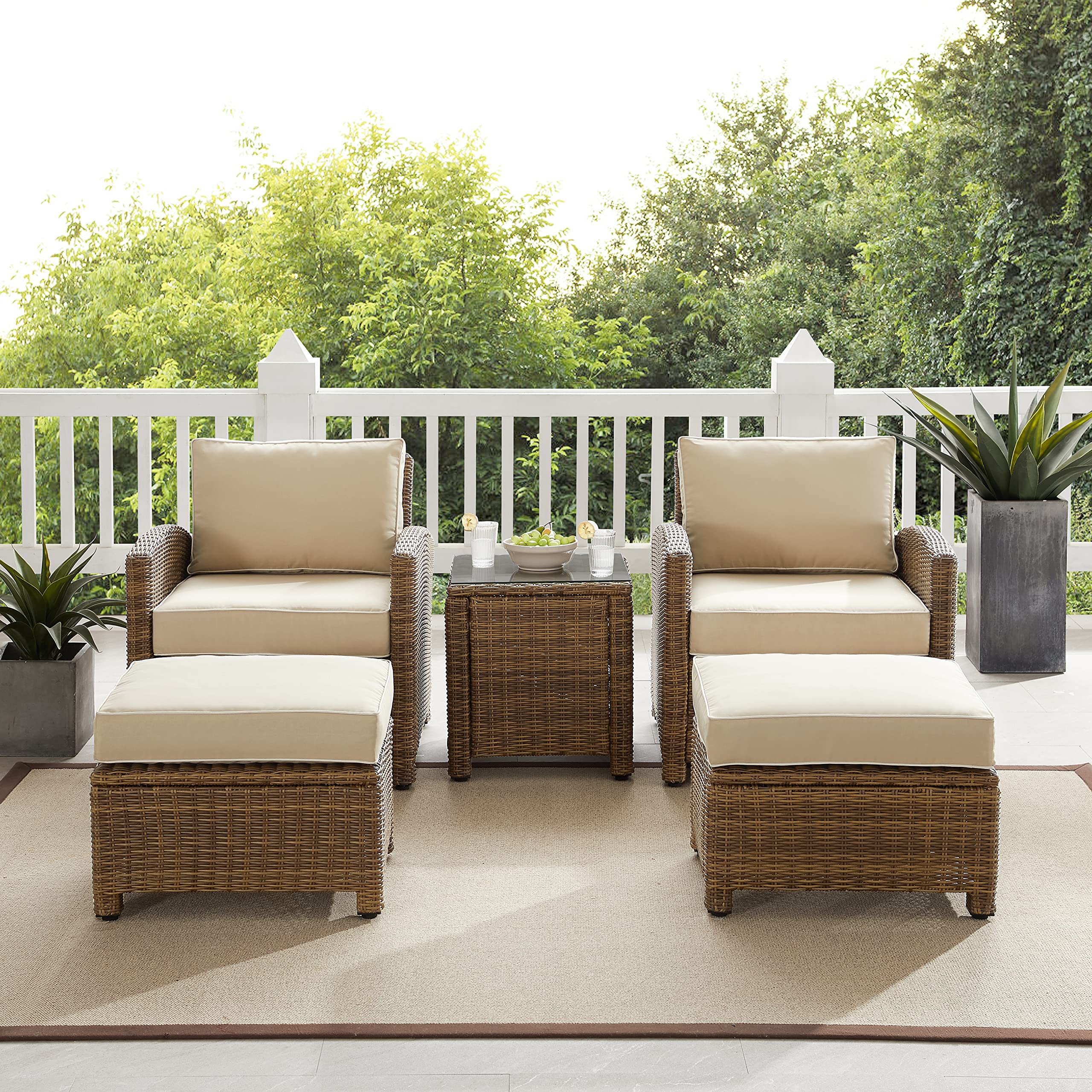 Crosley Furniture Bradenton 5-Piece Outdoor Chair Patio Furniture Set, Wicker Conversation Sets for Porch, Weathered Brown with Sand Cushions - Image 7
