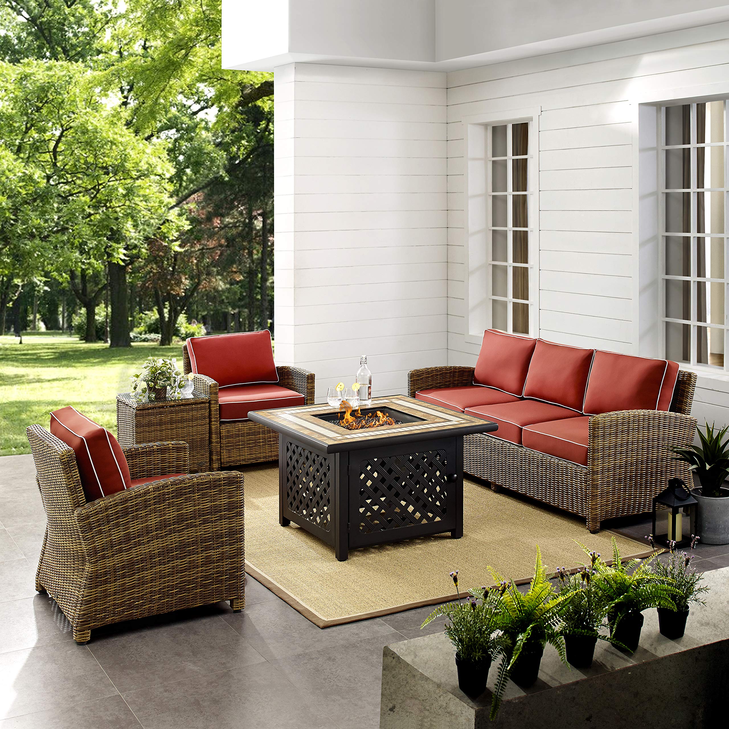 Crosley Furniture Bradenton 5-Piece Wicker Outdoor Sofa Patio Furniture Set with Propane Gas Fire Pit Table, Brown with Sangria Cushions - Image 5