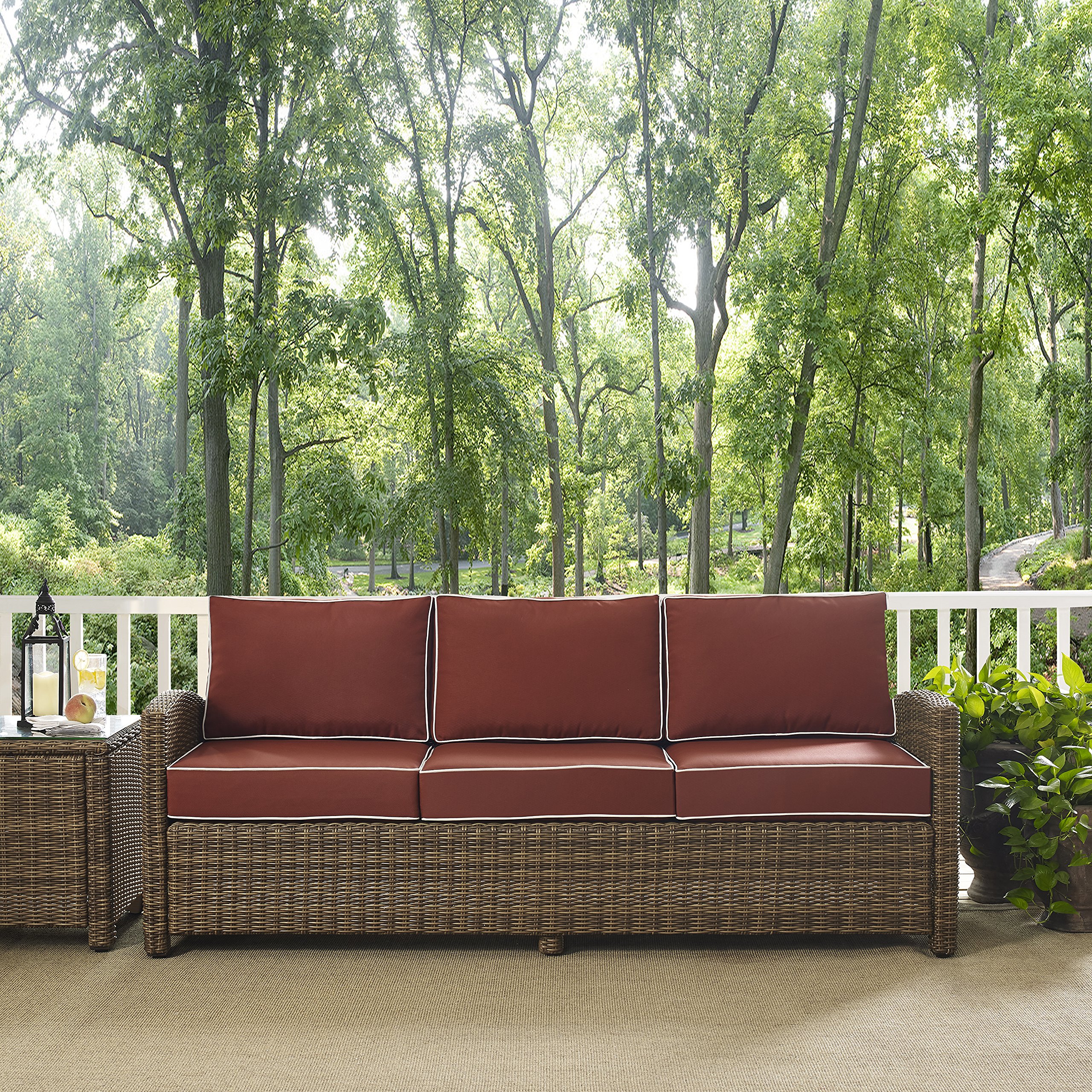Crosley Furniture Bradenton Wicker Outdoor Sofa, 3-Person Patio Couch for Porch, Deck, Backyard, Brown with Sangria Cushions - Image 7