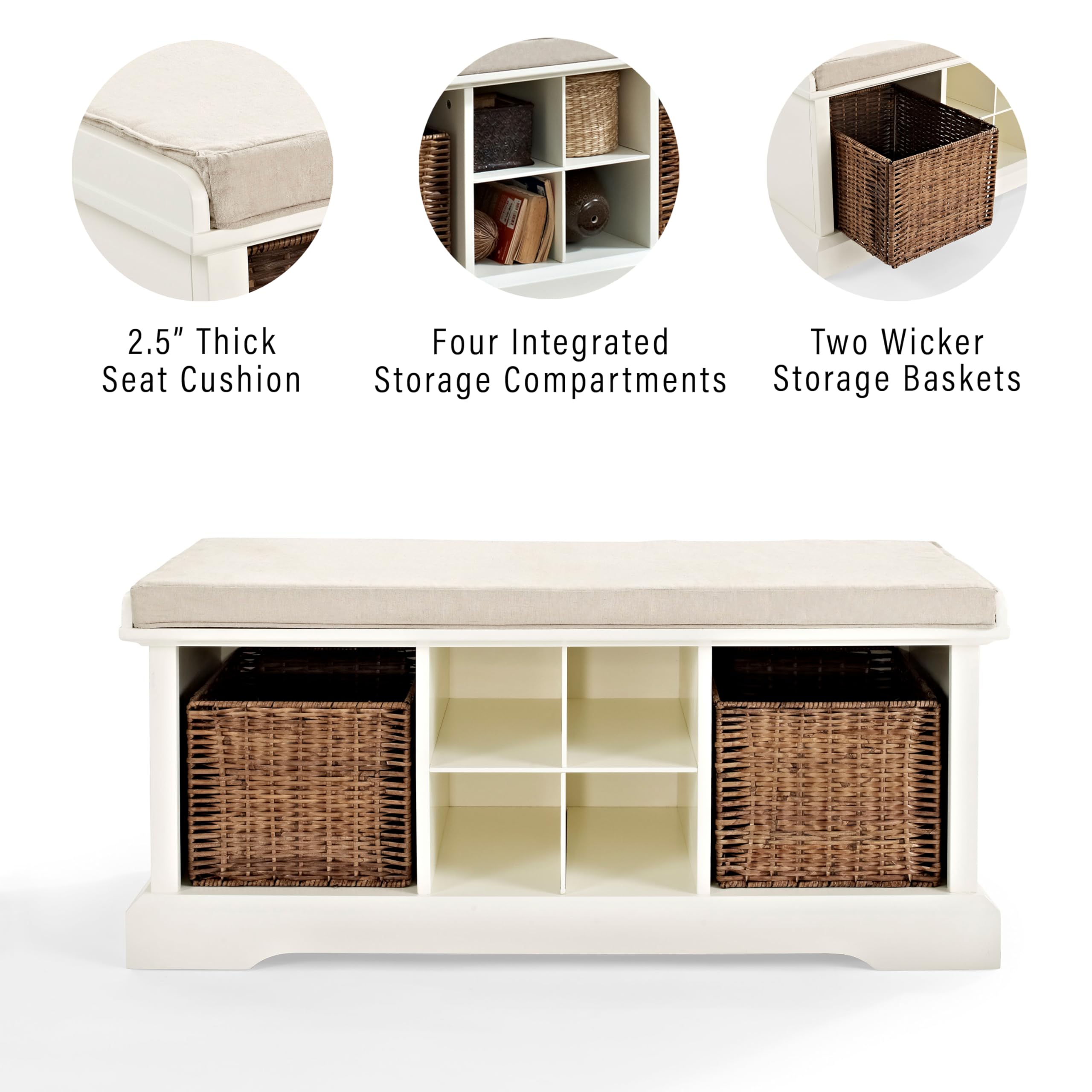 Crosley Furniture Brennan Entryway Storage Bench with Bins and a Shoe Rack Organizer, White - Image 6