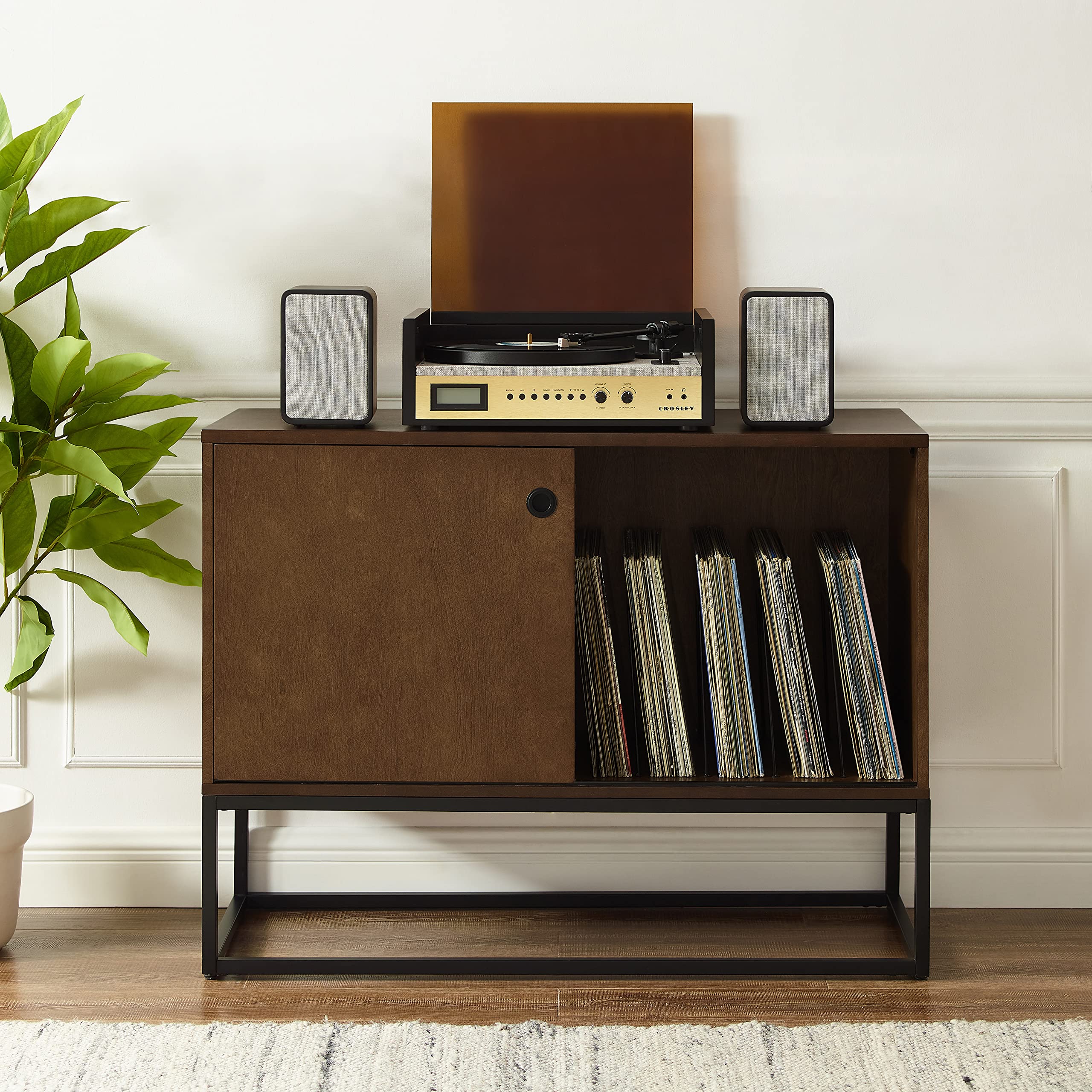 Crosley Furniture Byron Media Console and Record Player Stand with Storage for Vinyl Records, Brown/Black - Image 10