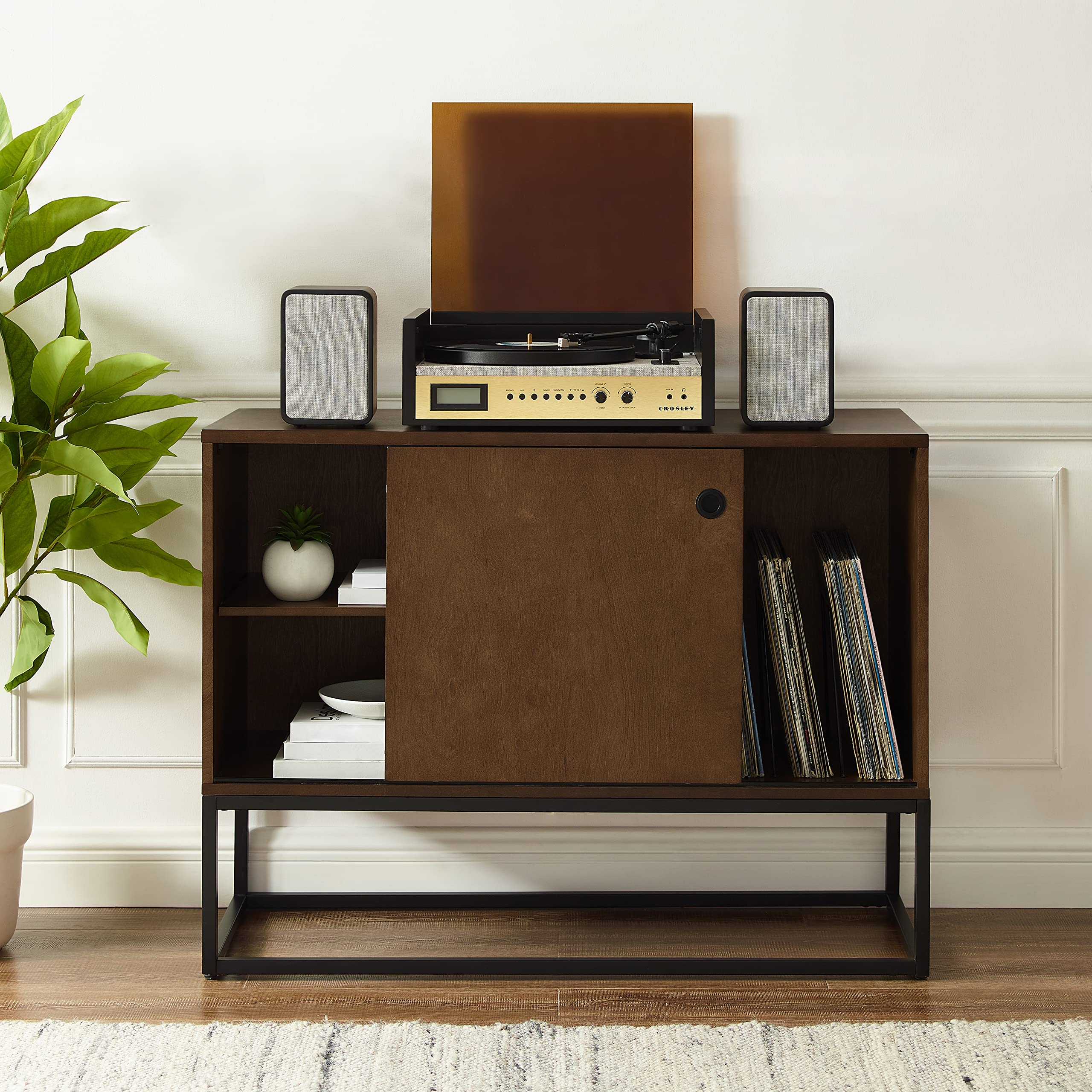 Crosley Furniture Byron Media Console and Record Player Stand with Storage for Vinyl Records, Brown/Black - Image 11