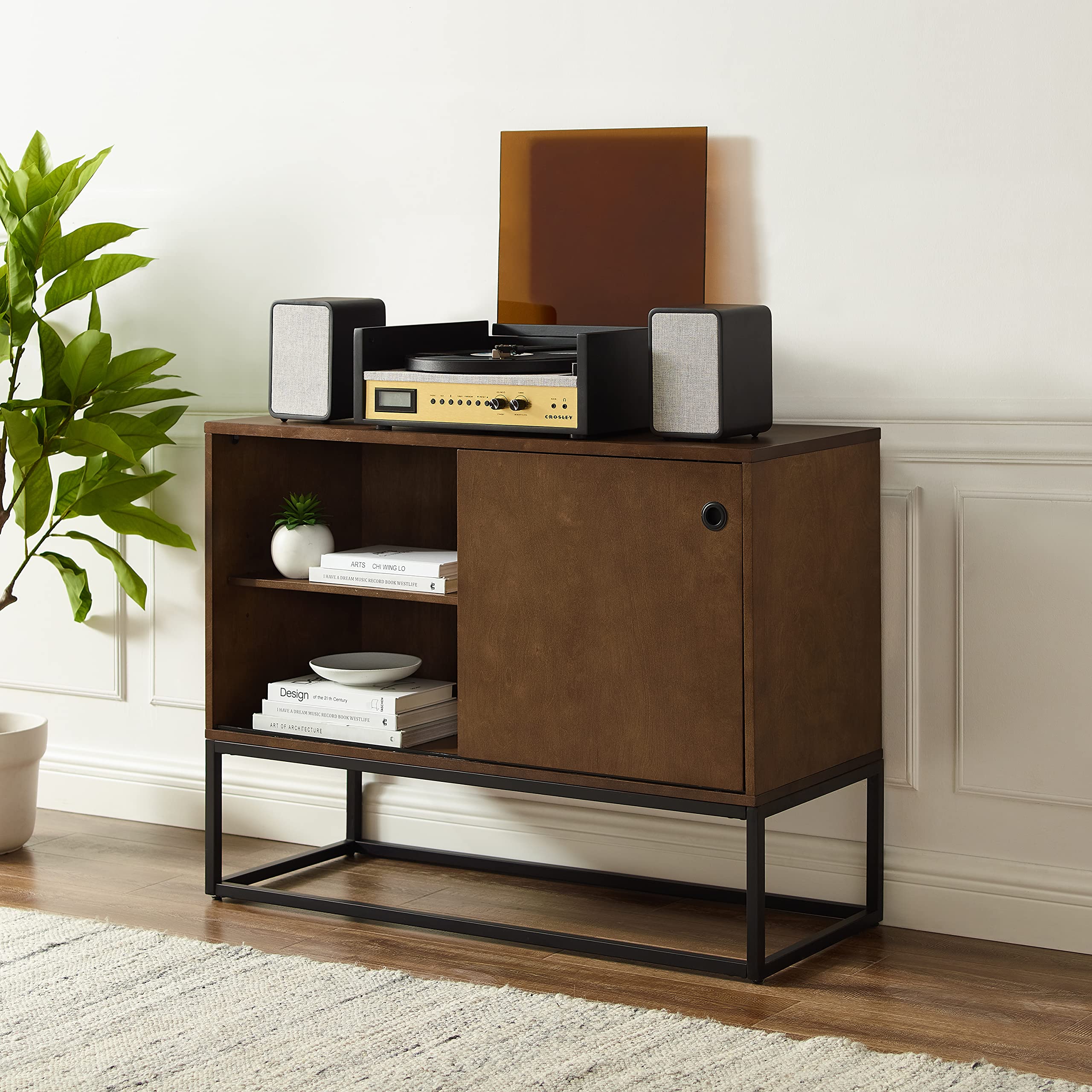 Crosley Furniture Byron Media Console and Record Player Stand with Storage for Vinyl Records, Brown/Black - Image 8