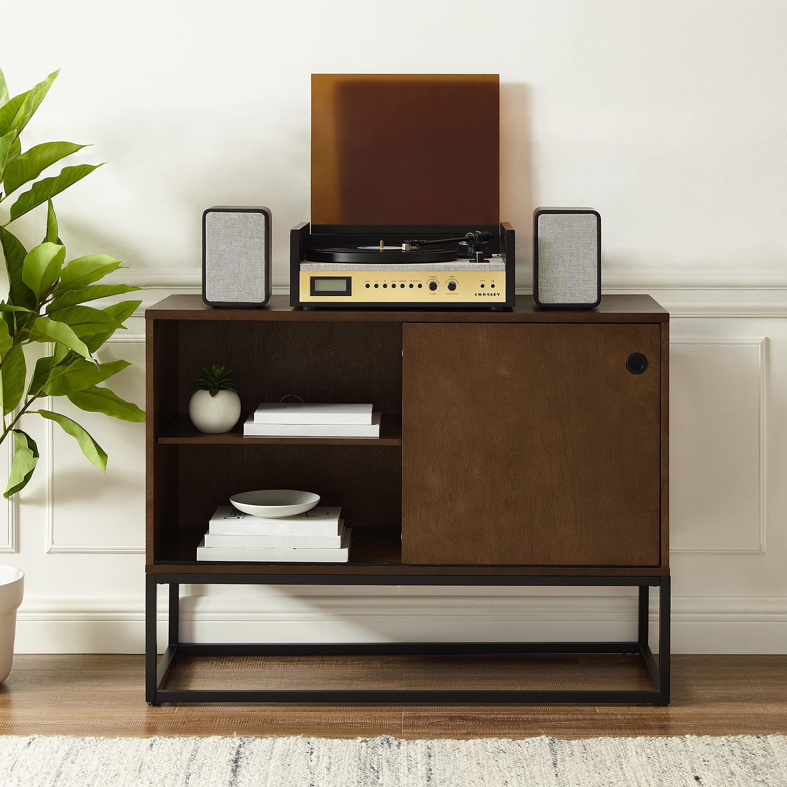 Crosley Furniture Byron Media Console and Record Player Stand with Storage for Vinyl Records, Brown/Black - Image 9