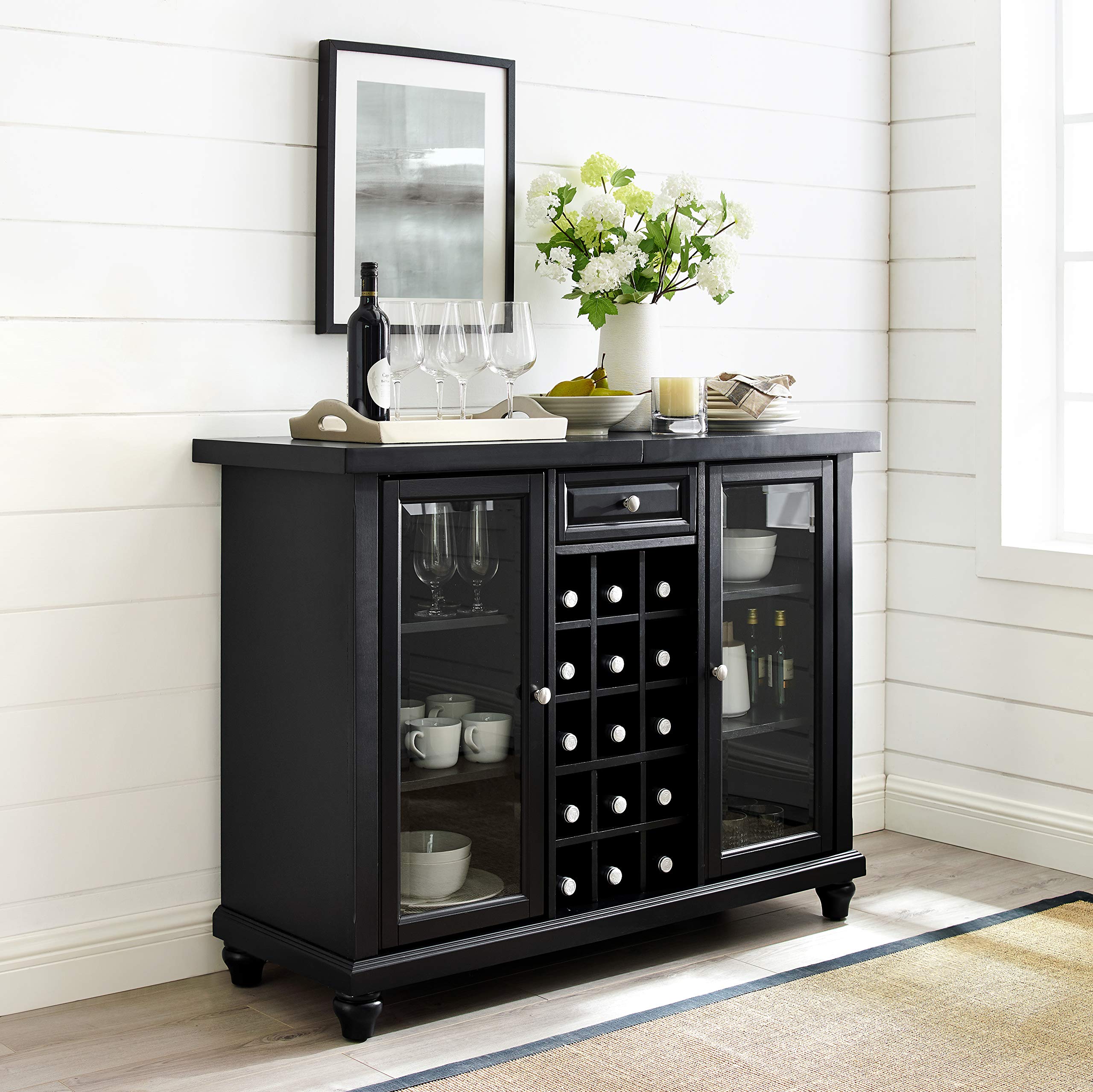 Crosley Furniture Cambridge Sliding Top Bar Cabinet with Storage Shelves, Drawer, and Wine Rack, Black - Image 6
