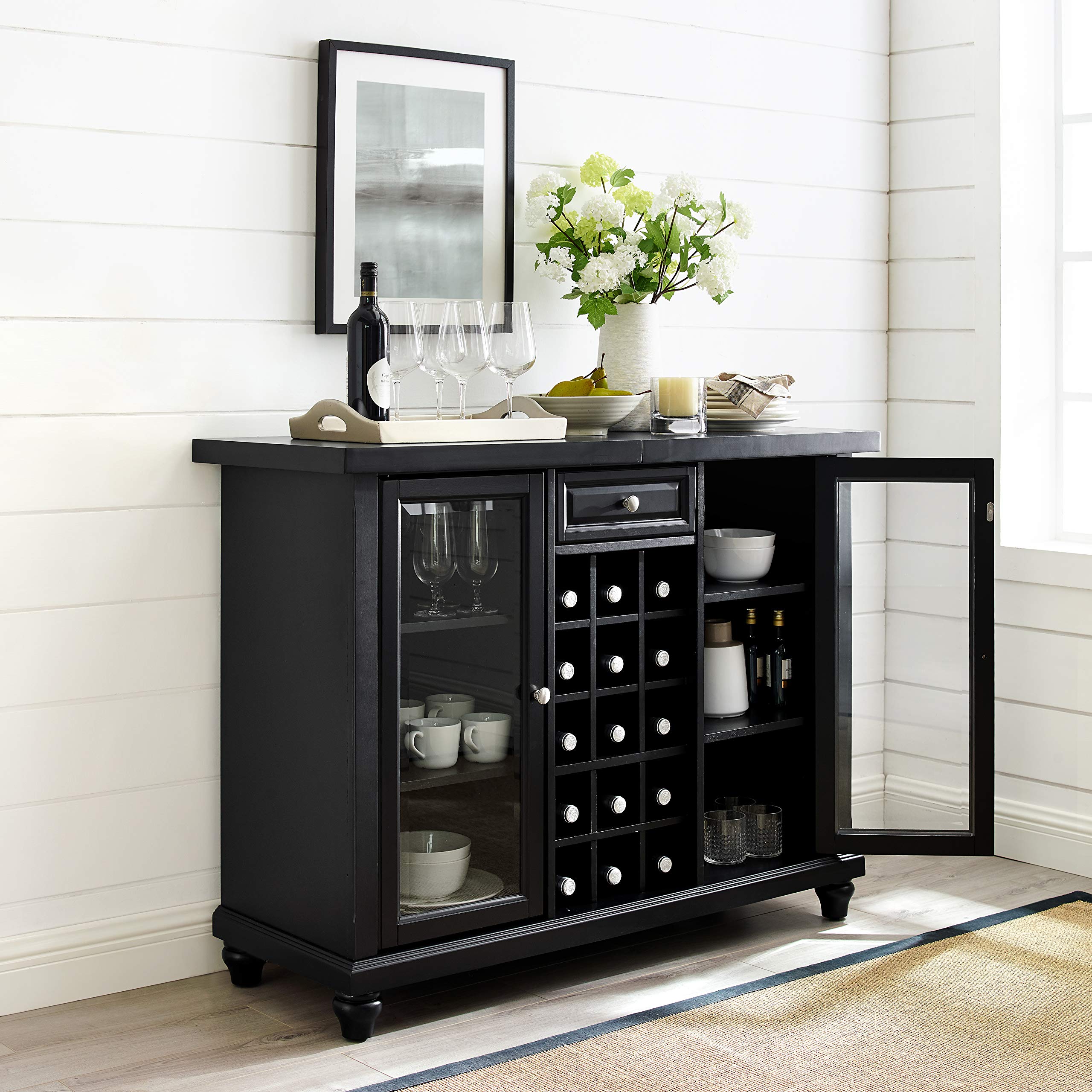 Crosley Furniture Cambridge Sliding Top Bar Cabinet with Storage Shelves, Drawer, and Wine Rack, Black - Image 7