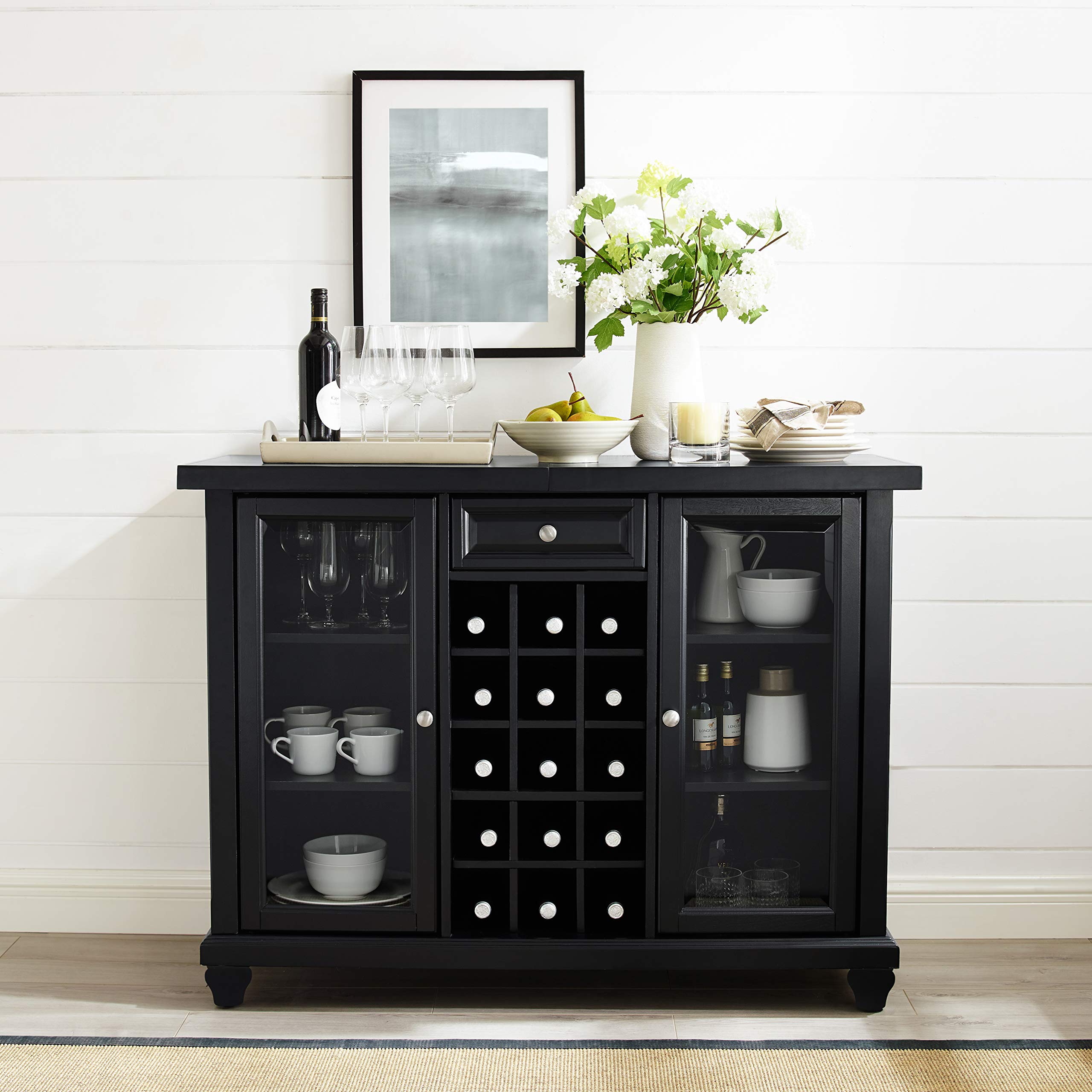 Crosley Furniture Cambridge Sliding Top Bar Cabinet with Storage Shelves, Drawer, and Wine Rack, Black - Image 8