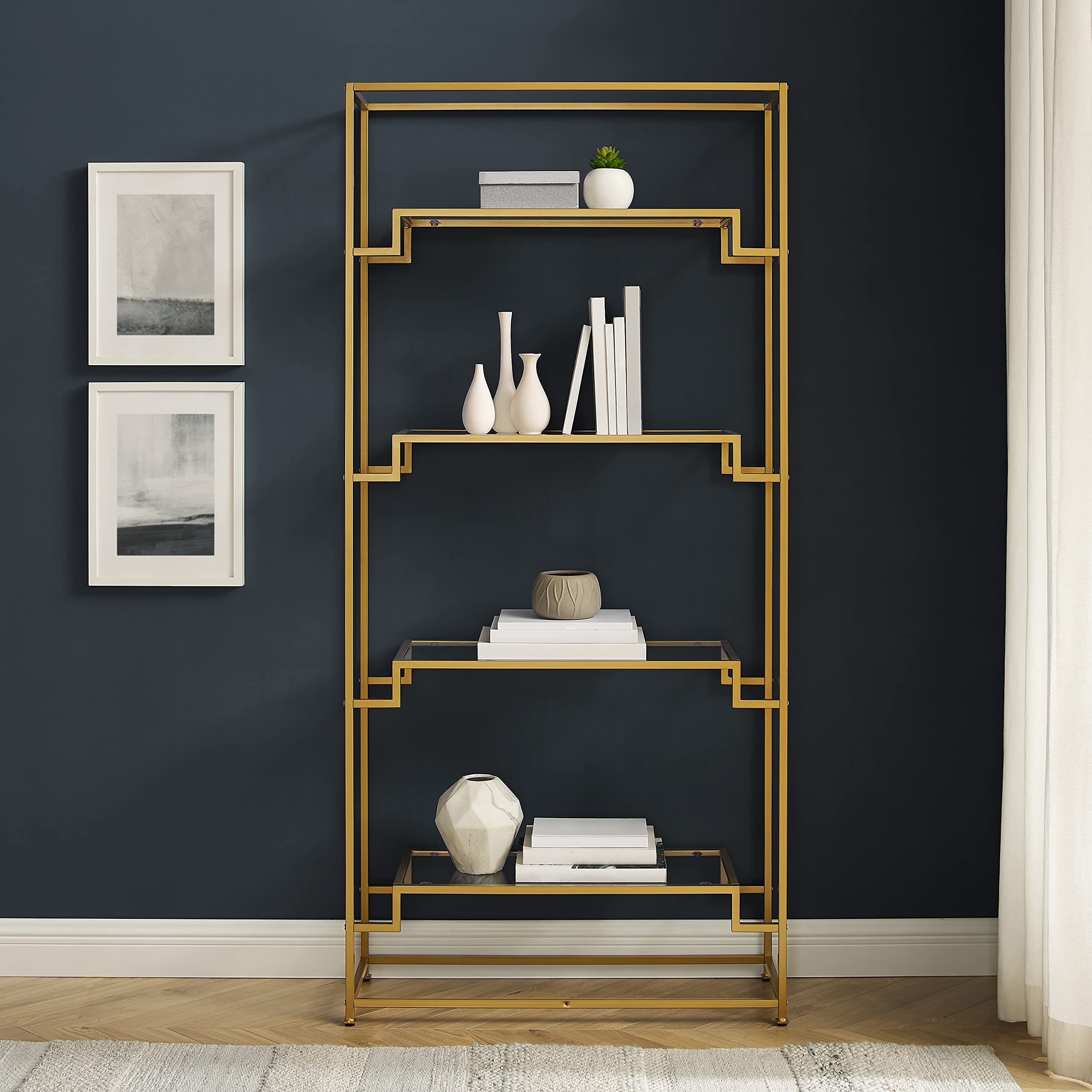 Crosley Furniture Celeste Bookshelf with Glass Shelves, Bookcase Storage, Gold - Image 5