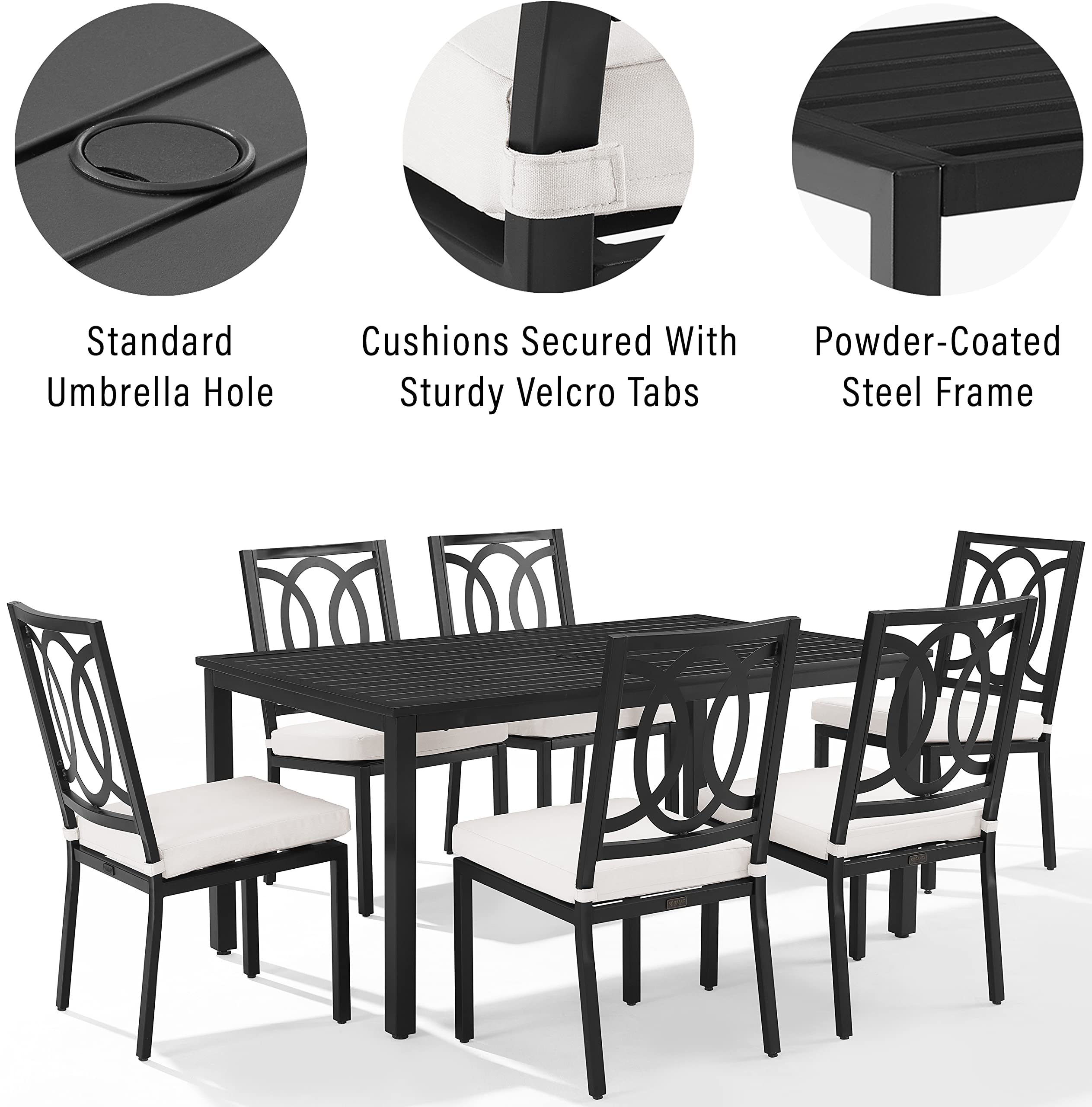 Crosley Furniture Chambers 7-Piece Outdoor Dining Set for 6, Patio Table and Chairs for Backyard, Deck, Matte Black with Creme Cushions - Image 9