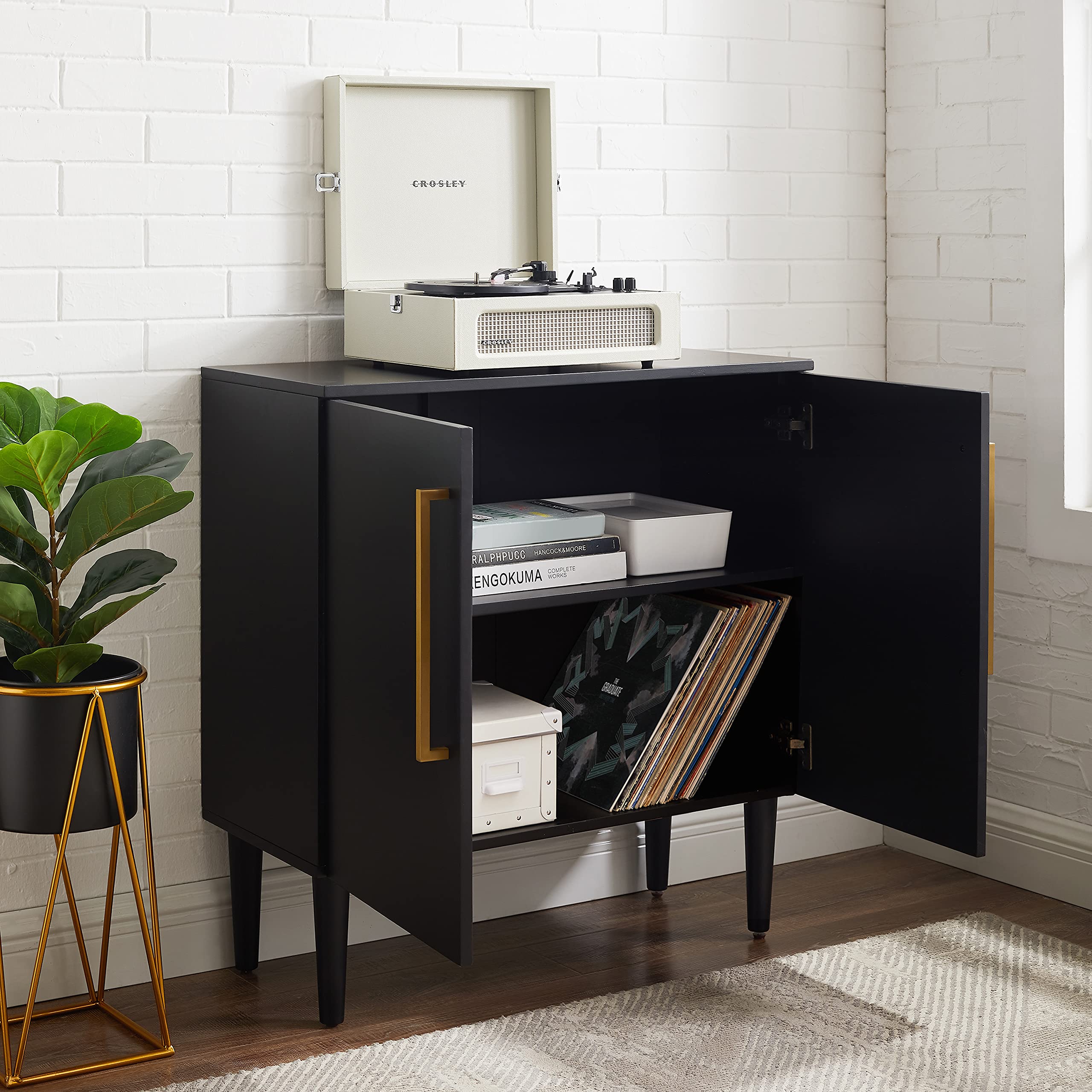 Crosley Furniture Everett Accent Storage Cabinet, Record Player Stand, Vinyl Records Holder, Matte Black - Image 8