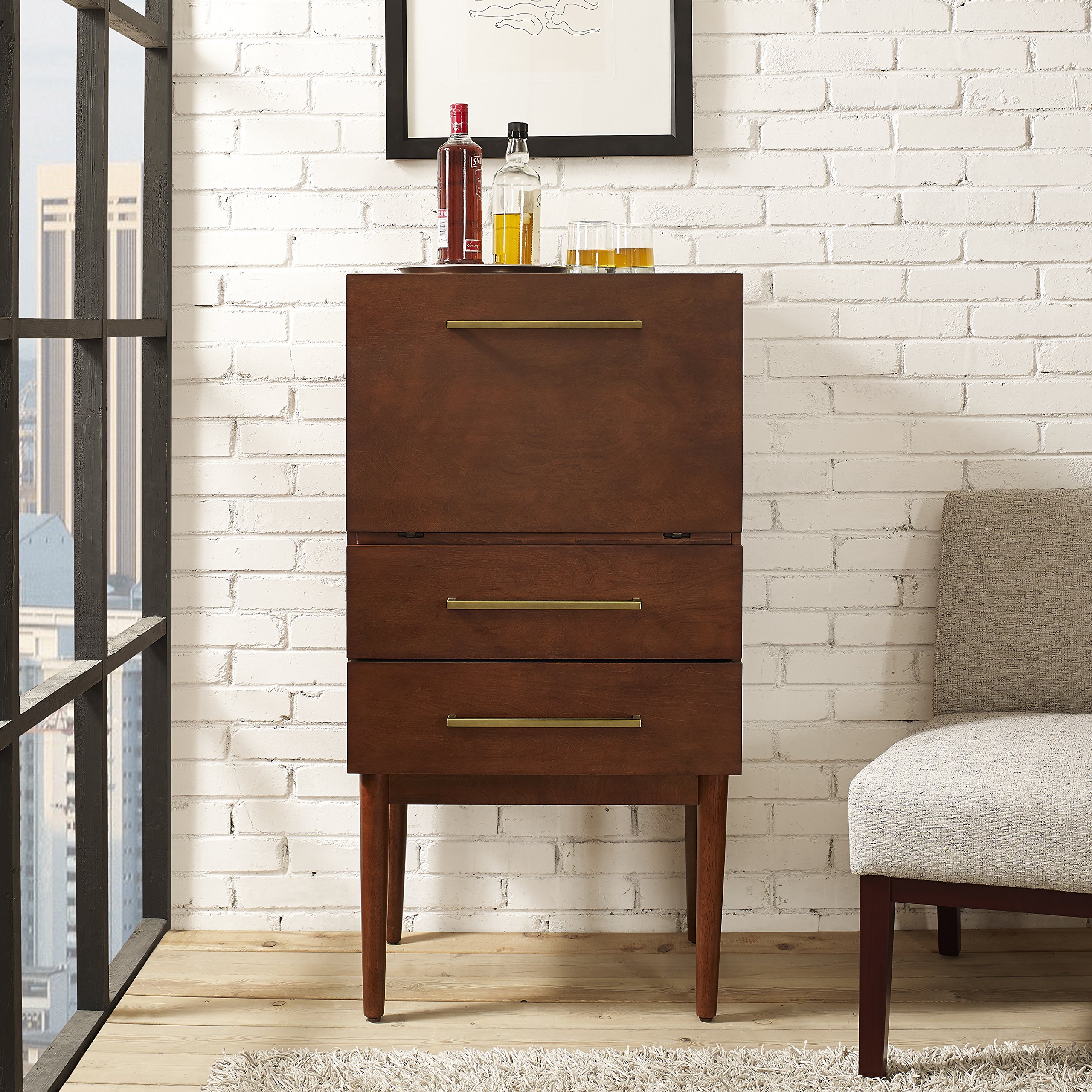 Crosley Furniture Everett Bar Cabinet with Storage Drawers and Fold Out Table, Vintage Mahogany - Image 10