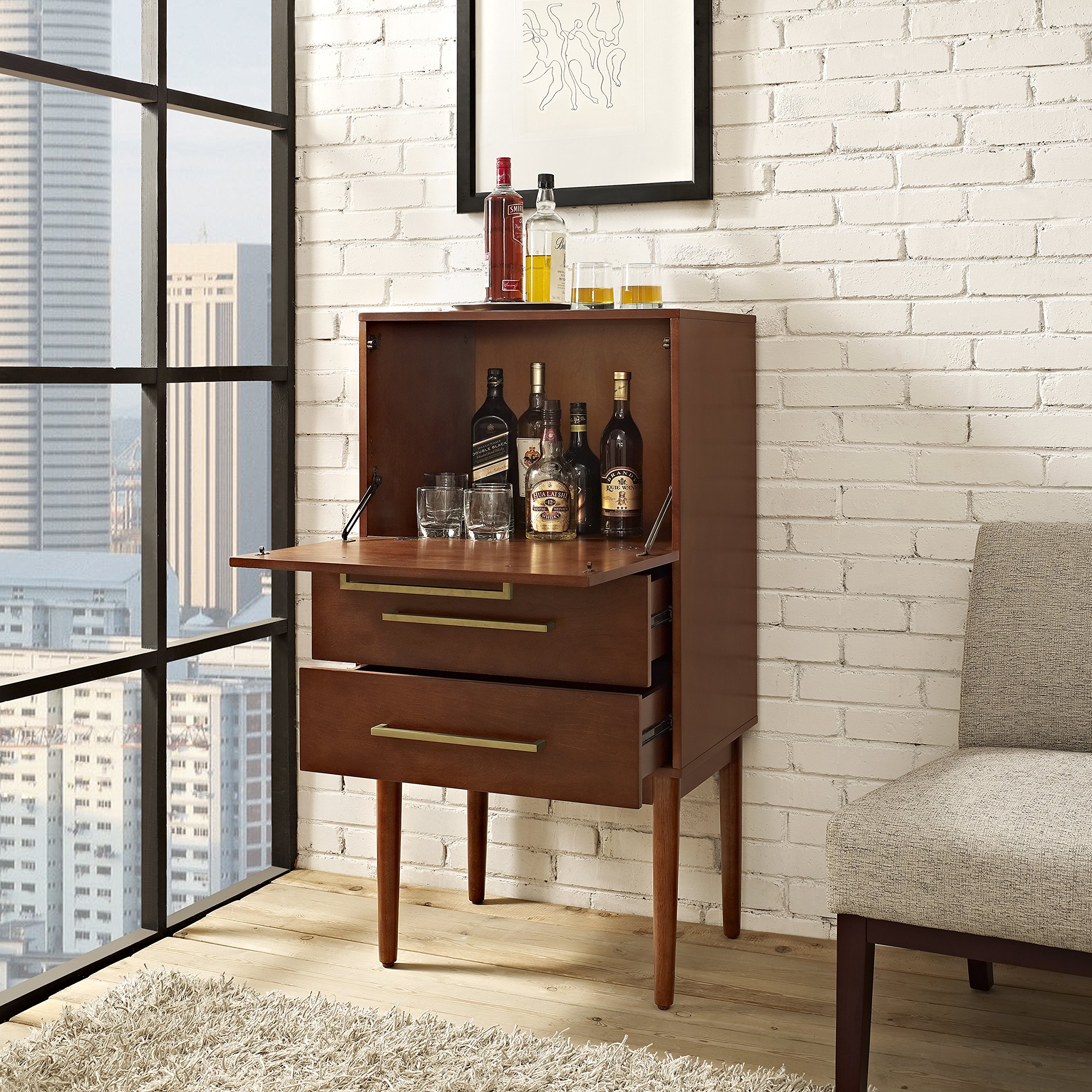 Crosley Furniture Everett Bar Cabinet with Storage Drawers and Fold Out Table, Vintage Mahogany - Image 8