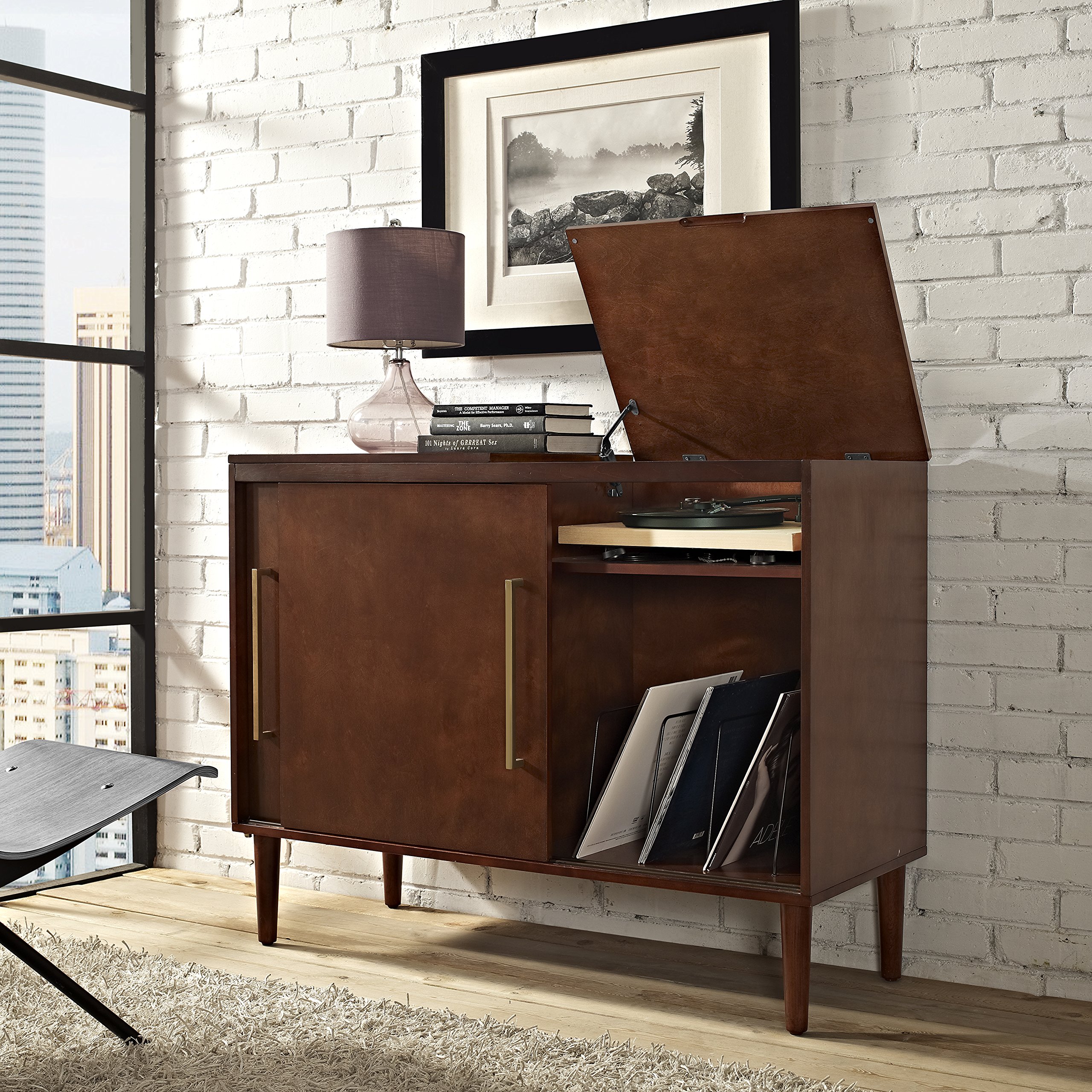 Crosley Furniture Everett Media Console and Record Player Stand with Storage for Vinyl Records, Mahogany - Image 9