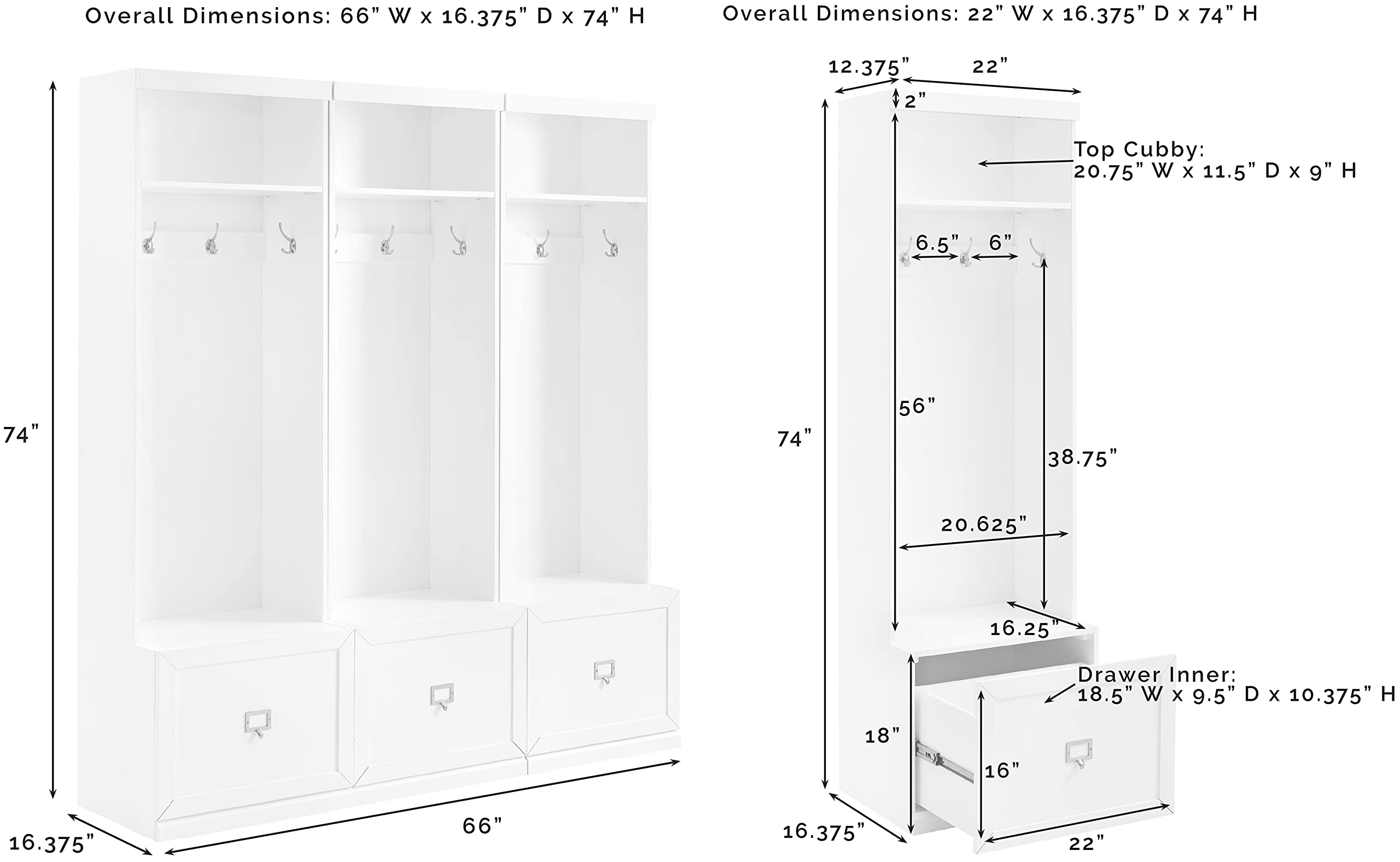 Crosley Furniture Harper 3-Piece Hall Tree Entryway Set with Storage Bench and Coat Rack Hooks for Hanging, White - Image 6
