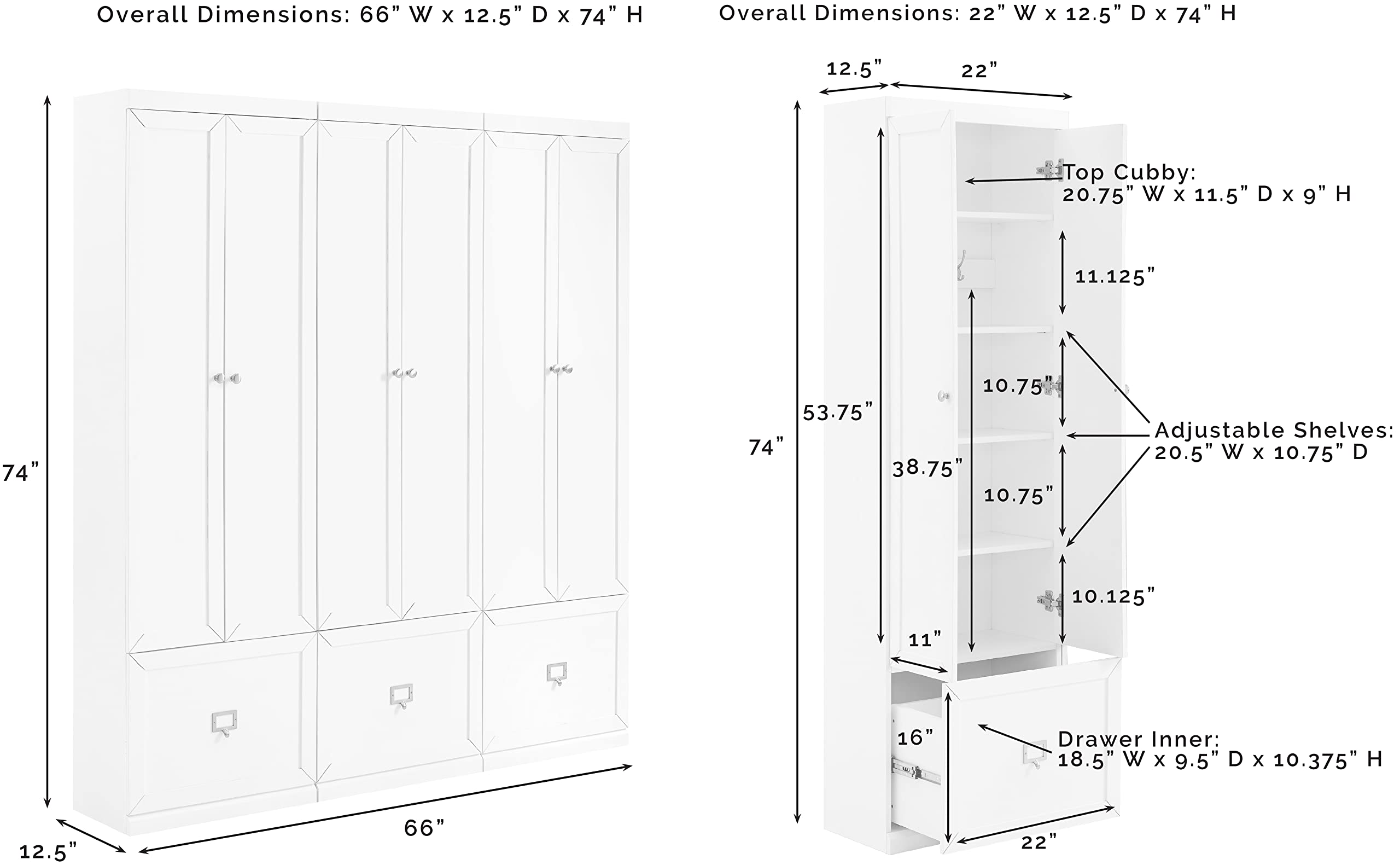 Crosley Furniture Harper 3-Piece Storage Cabinet Entryway Set with Storage Drawer and Hooks for Hanging, White - Image 3