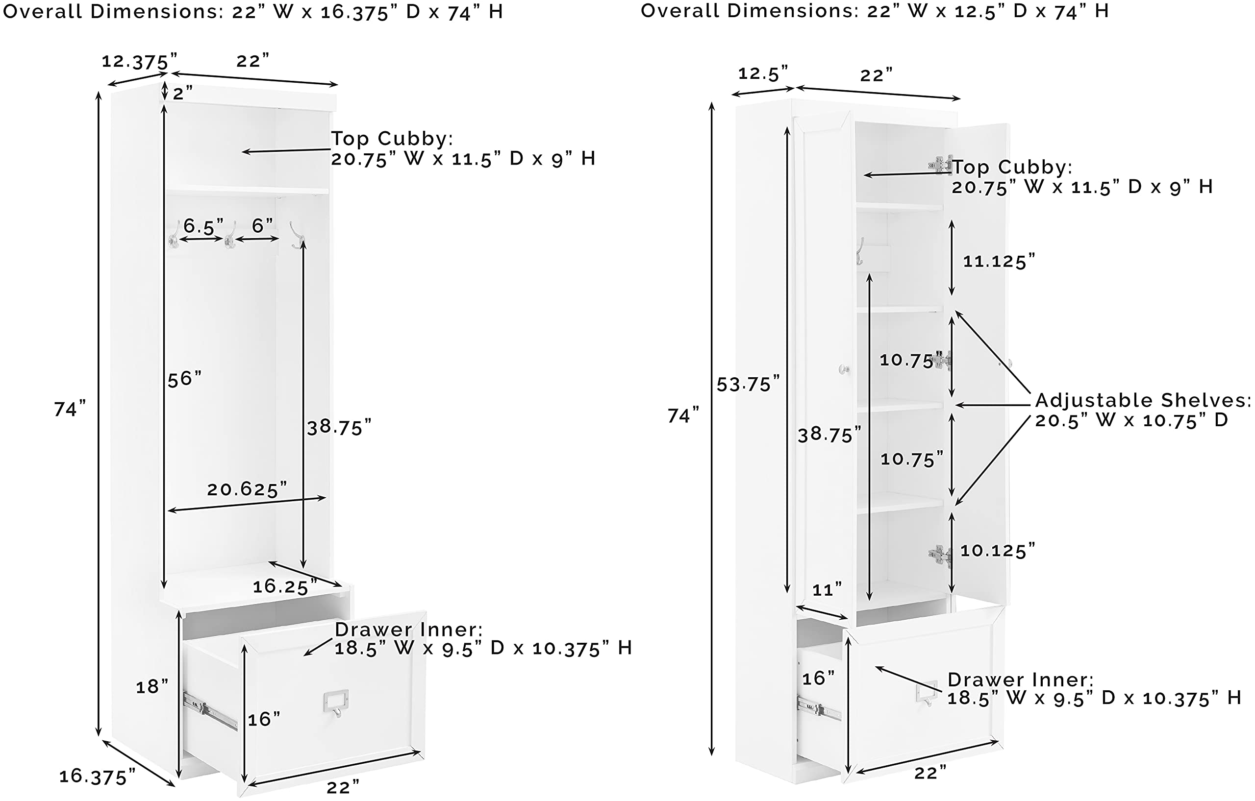 Crosley Furniture Harper 6-Piece Hall Tree, Storage Cabinet, Shoe Rack Bench, and Wall Shelf Set with Hooks, White - Image 5
