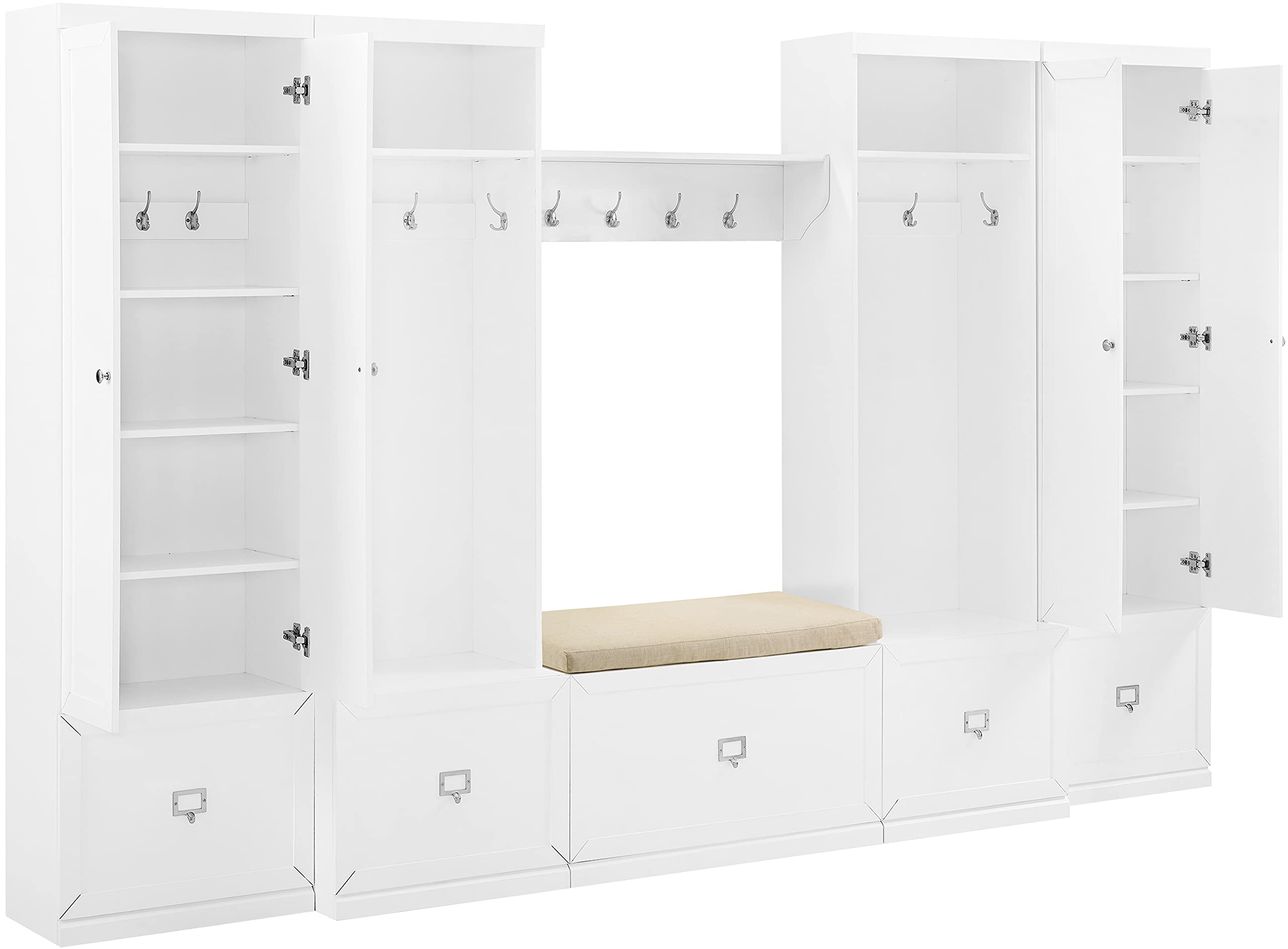Crosley Furniture Harper 6-Piece Hall Tree, Storage Cabinet, Shoe Rack Bench, and Wall Shelf Set with Hooks, White - Image 3