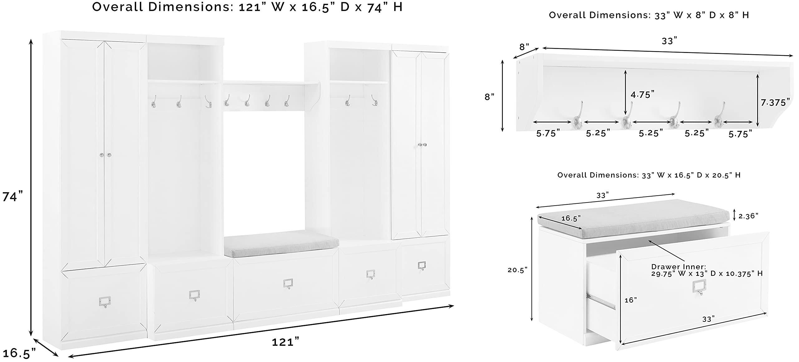 Crosley Furniture Harper 6-Piece Hall Tree, Storage Cabinet, Shoe Rack Bench, and Wall Shelf Set with Hooks, White - Image 4