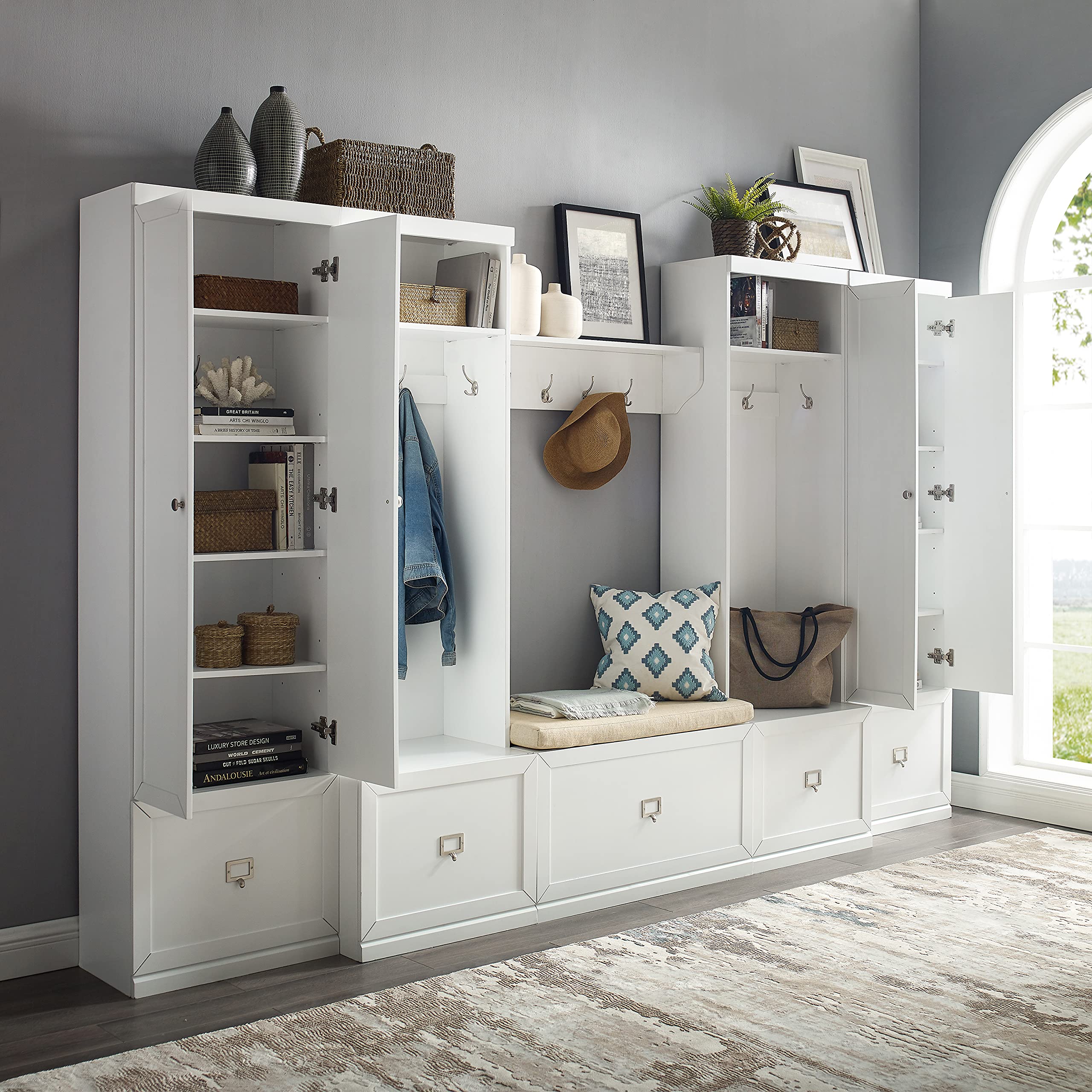 Crosley Furniture Harper 6-Piece Hall Tree, Storage Cabinet, Shoe Rack Bench, and Wall Shelf Set with Hooks, White - Image 9