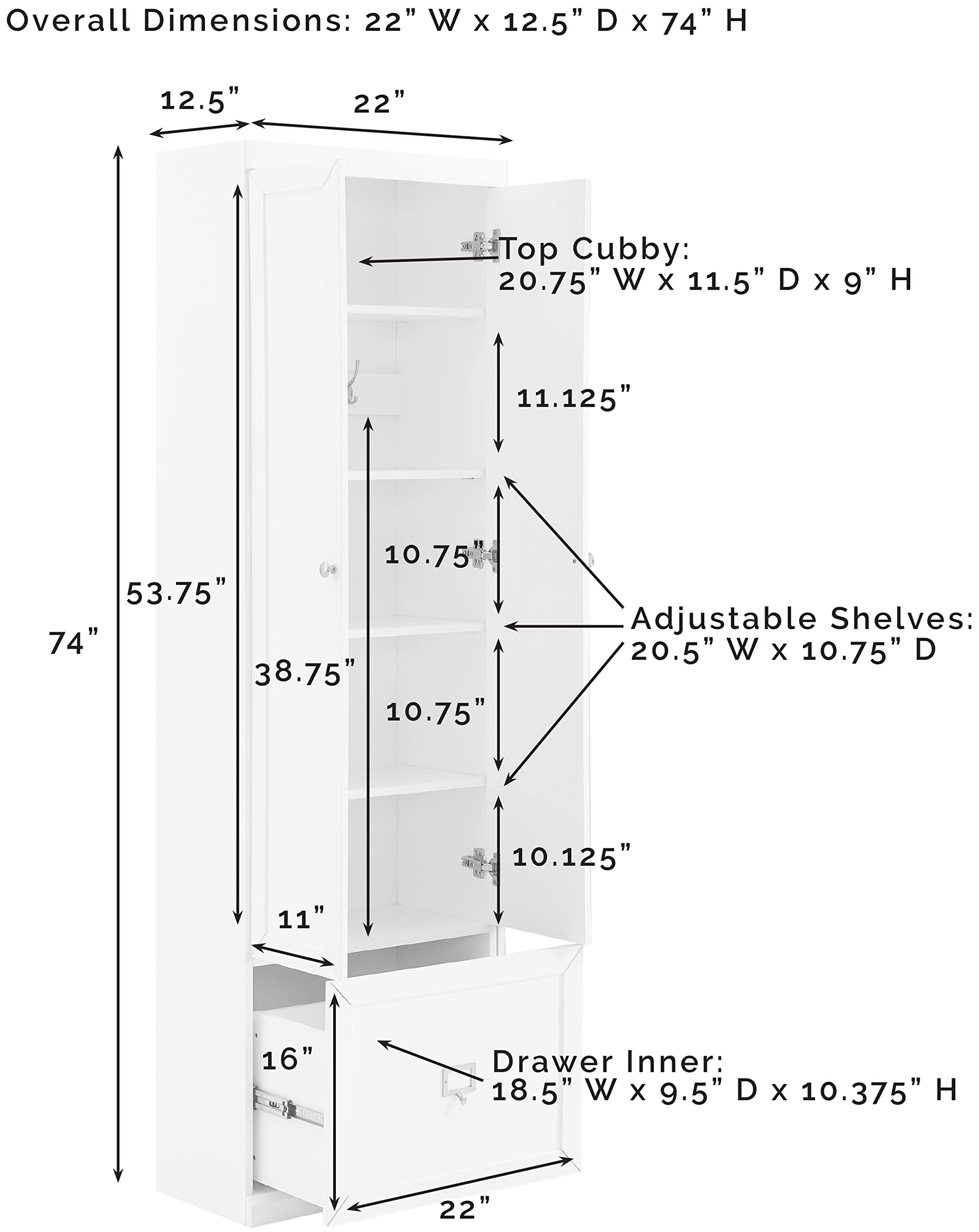 Crosley Furniture Harper Convertible Storage Cabinet with Coat Rack Hooks for Hanging, White - Image 3