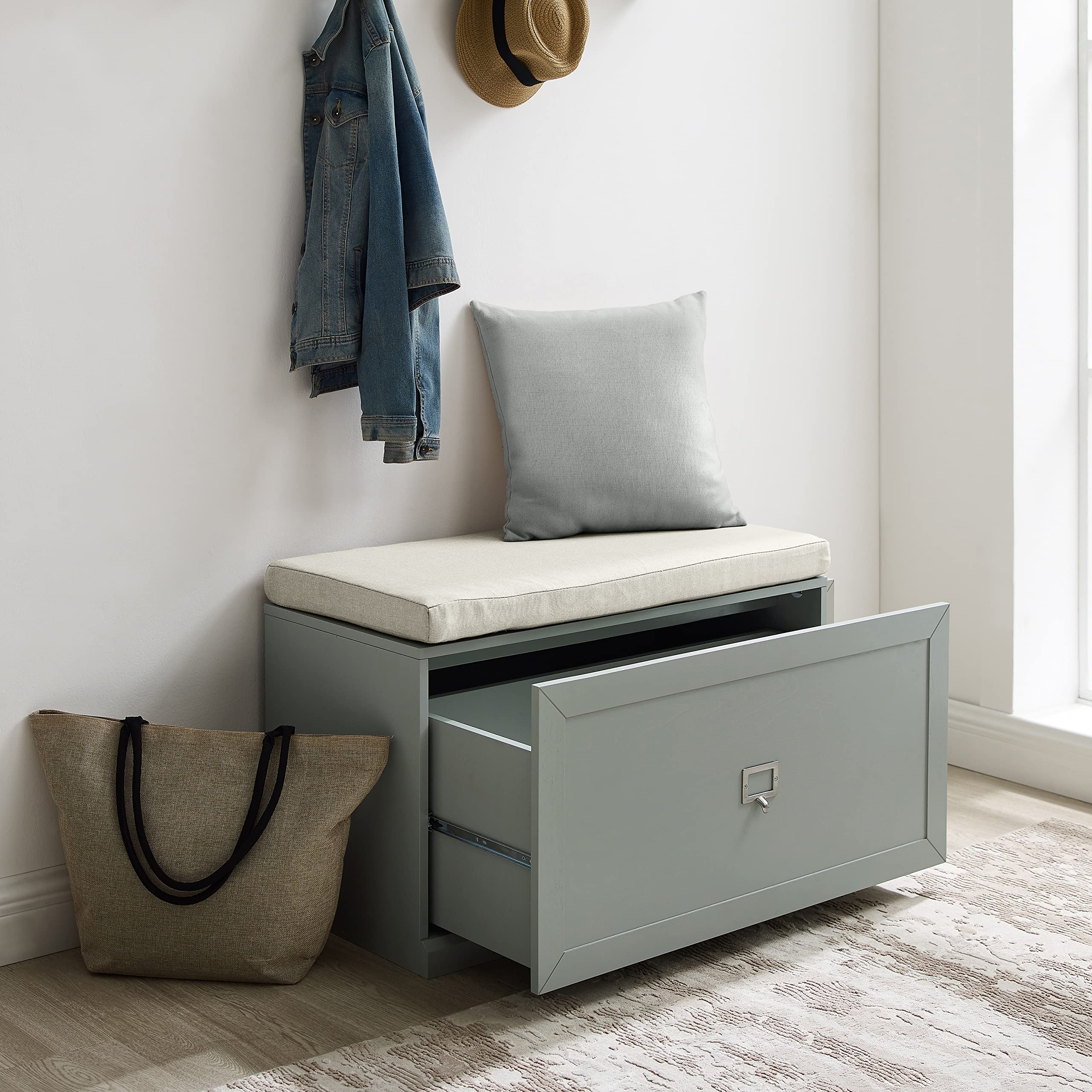 Crosley Furniture Harper Entryway Storage Bench with Shoe Rack Organizer Drawer, Gray - Image 9