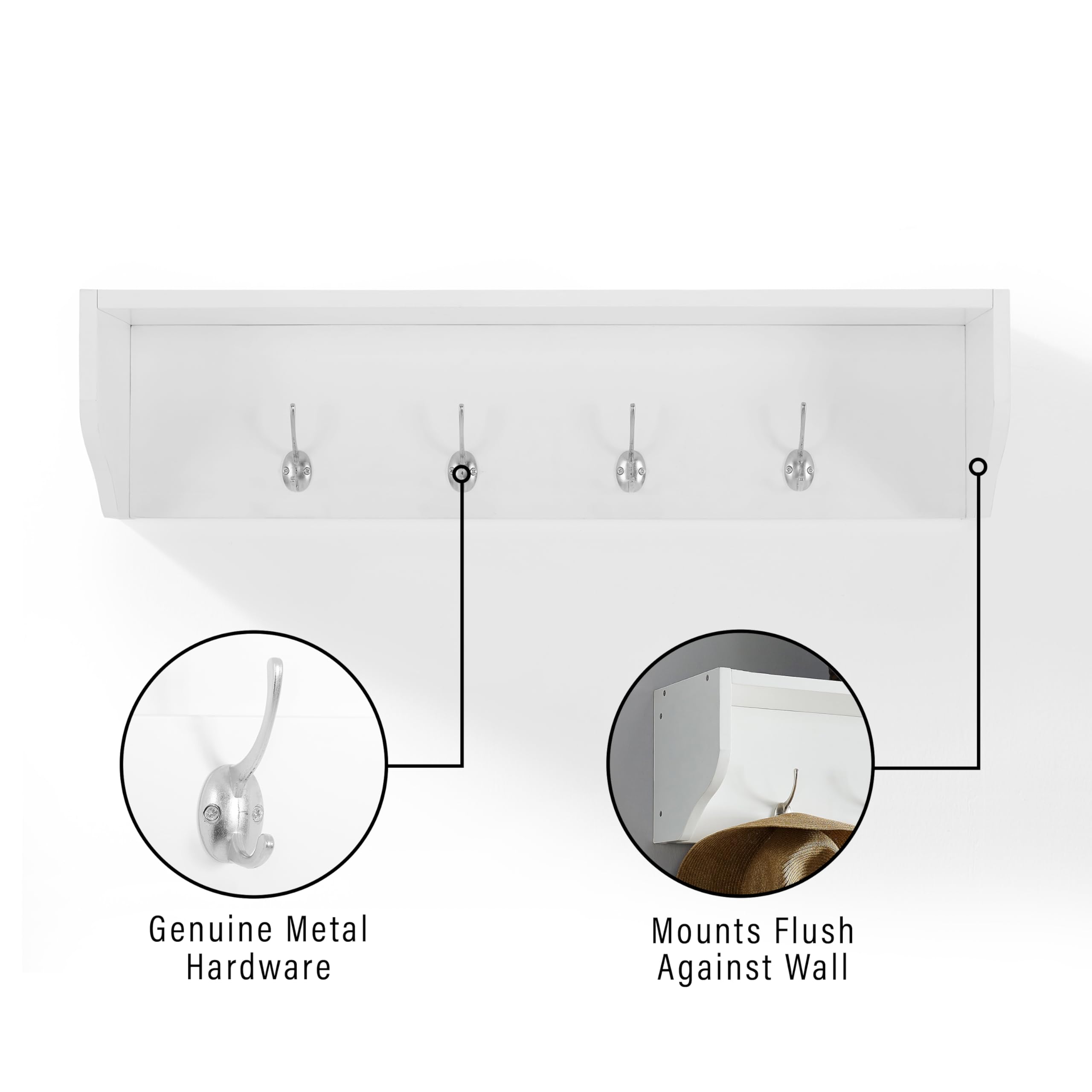 Crosley Furniture Harper Entryway Storage Wall Shelf, with Coat Rack Hooks for Hanging, White - Image 4
