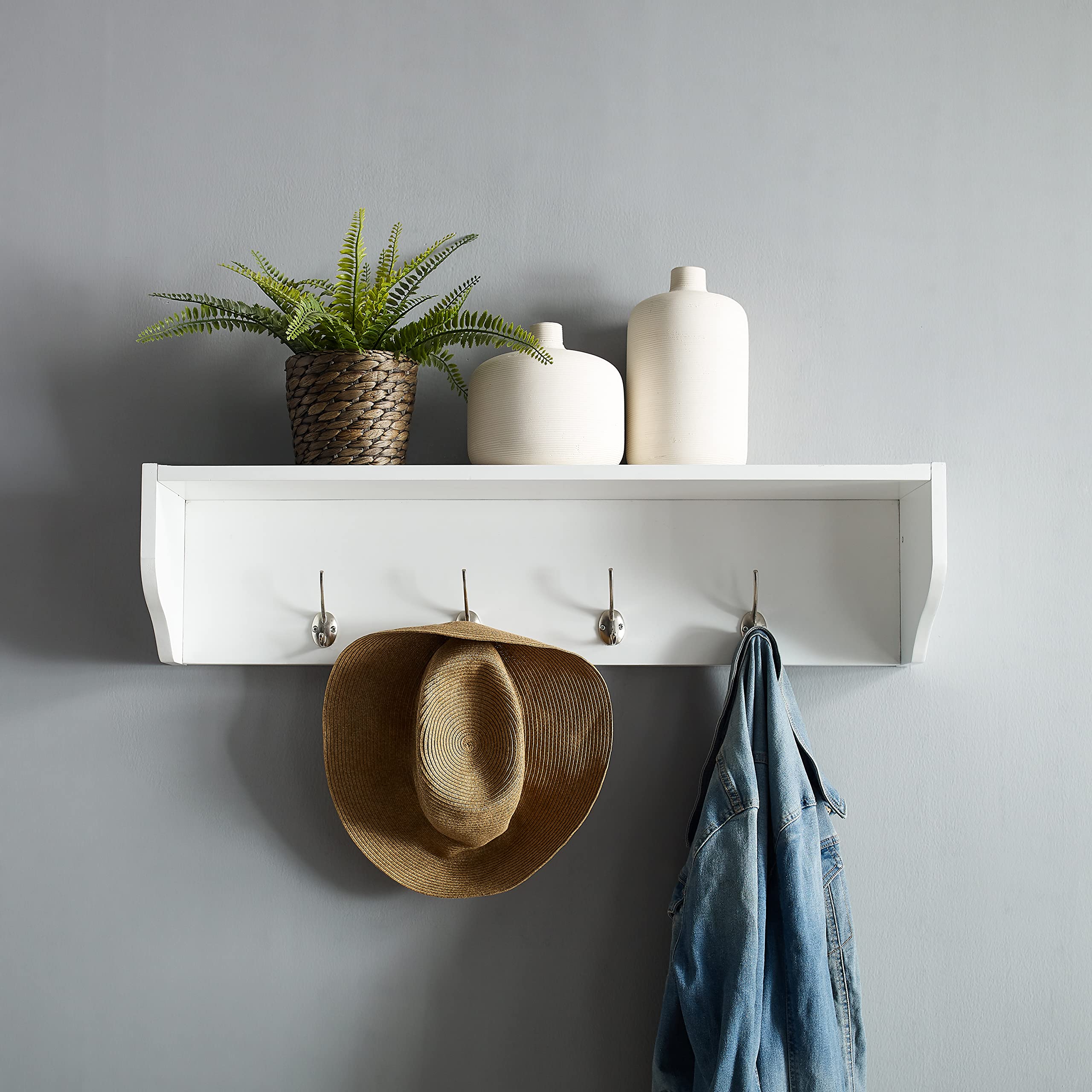 Crosley Furniture Harper Entryway Storage Wall Shelf, with Coat Rack Hooks for Hanging, White - Image 5