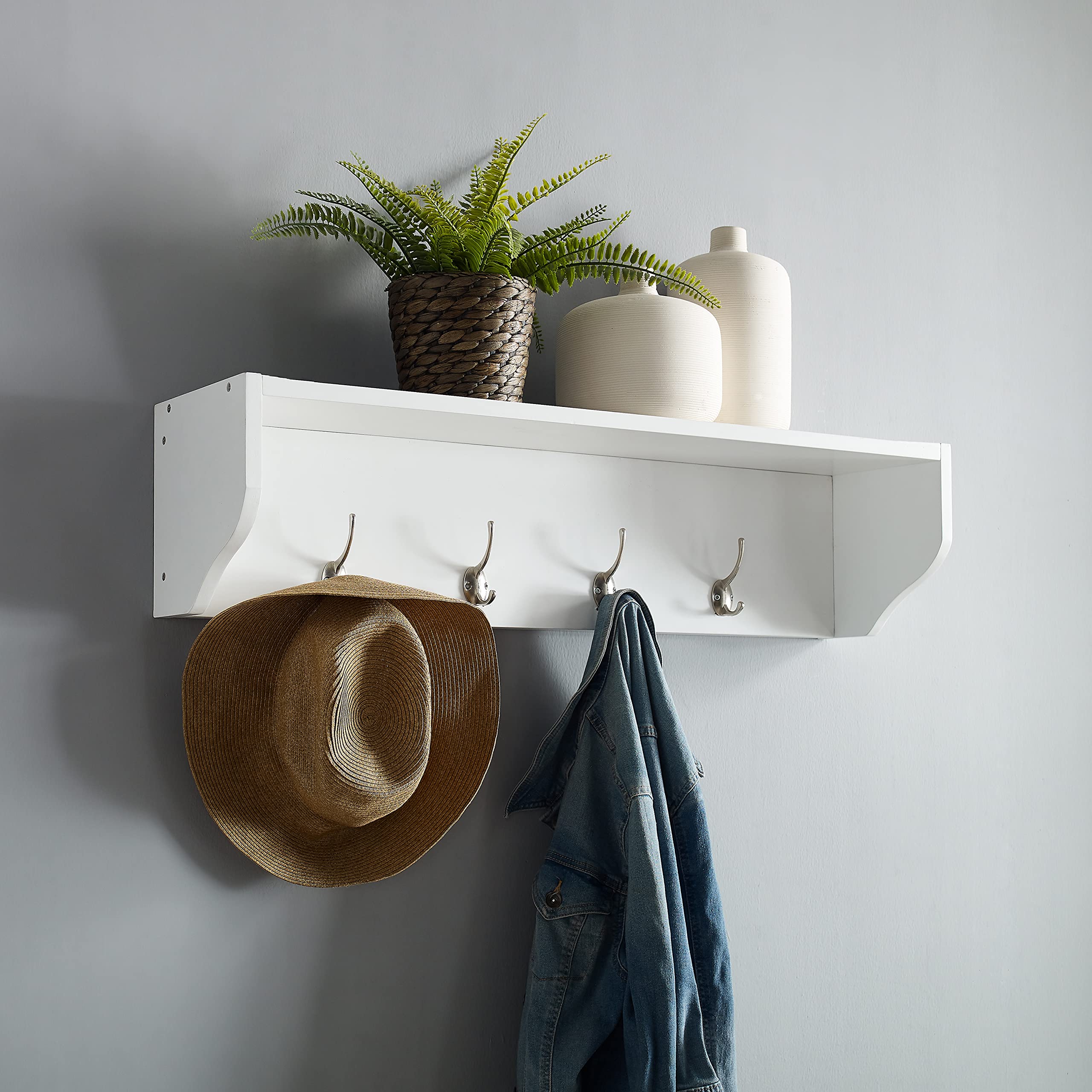 Crosley Furniture Harper Entryway Storage Wall Shelf, with Coat Rack Hooks for Hanging, White - Image 6