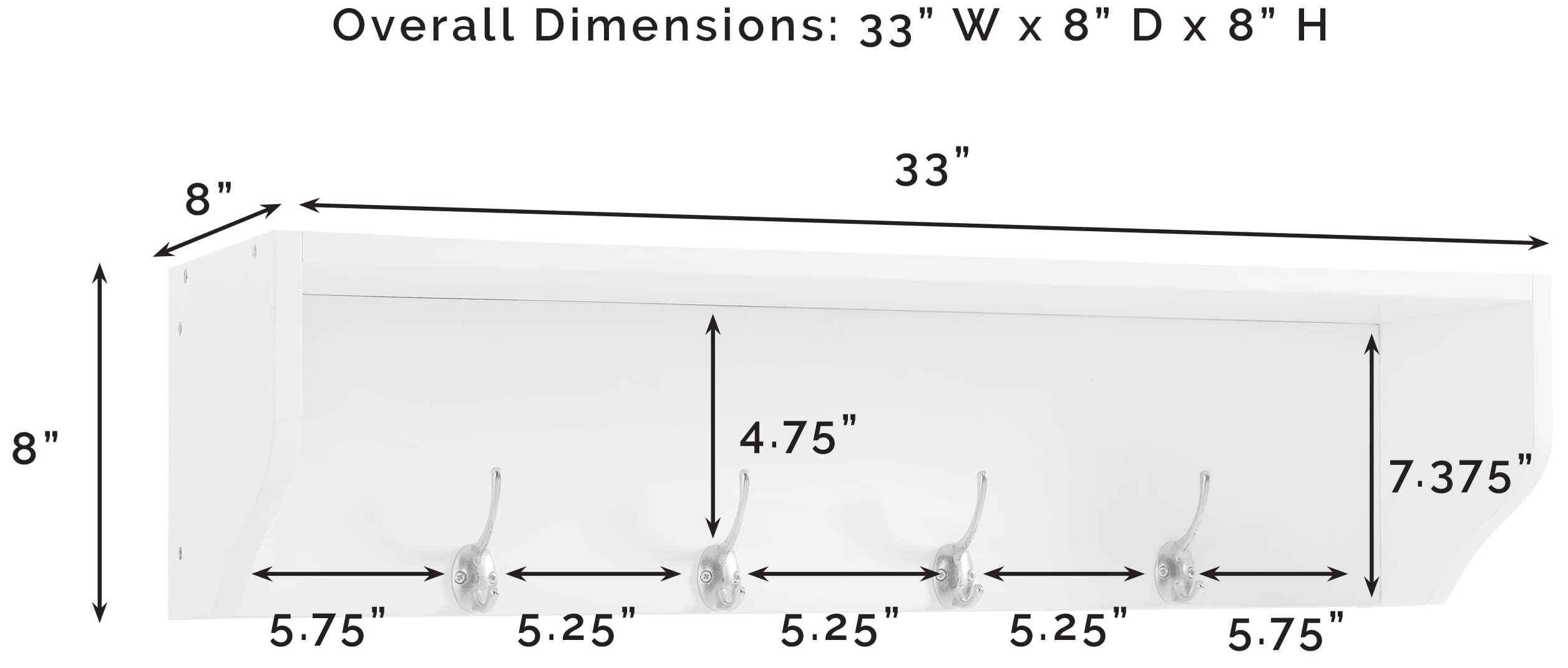 Crosley Furniture Harper Entryway Storage Wall Shelf, with Coat Rack Hooks for Hanging, White - Image 7