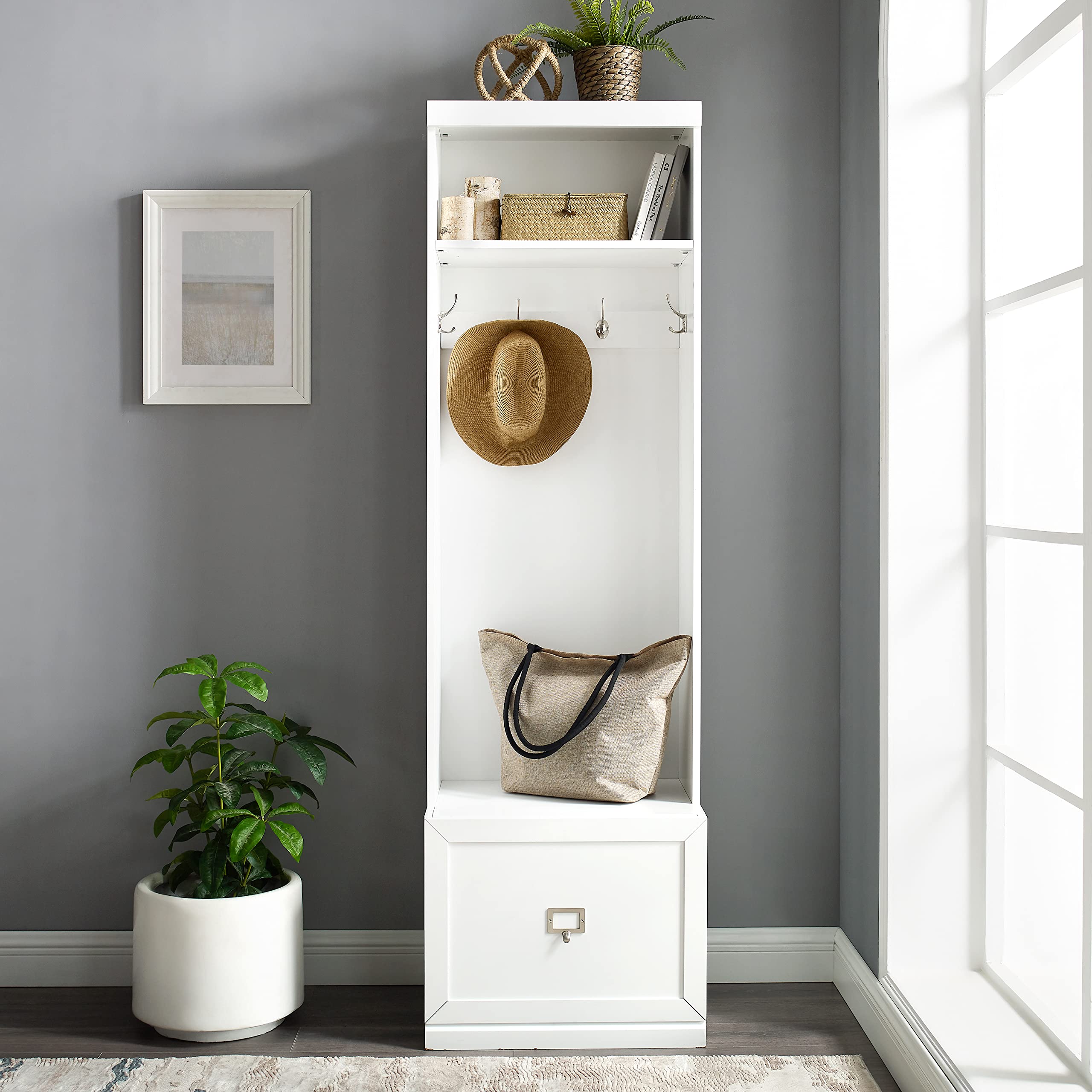 Crosley Furniture Harper Hall Tree with Storage Bench and Coat Rack Hooks for Hanging, White - Image 9