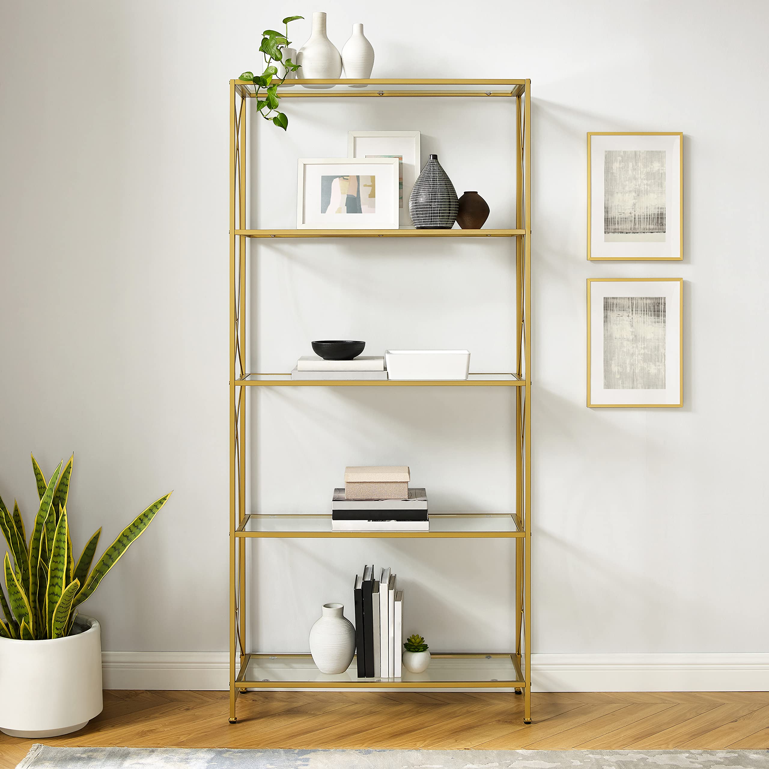 Crosley Furniture Helena Bookshelf with Glass Shelves, Bookcase Storage, Gold - Image 5
