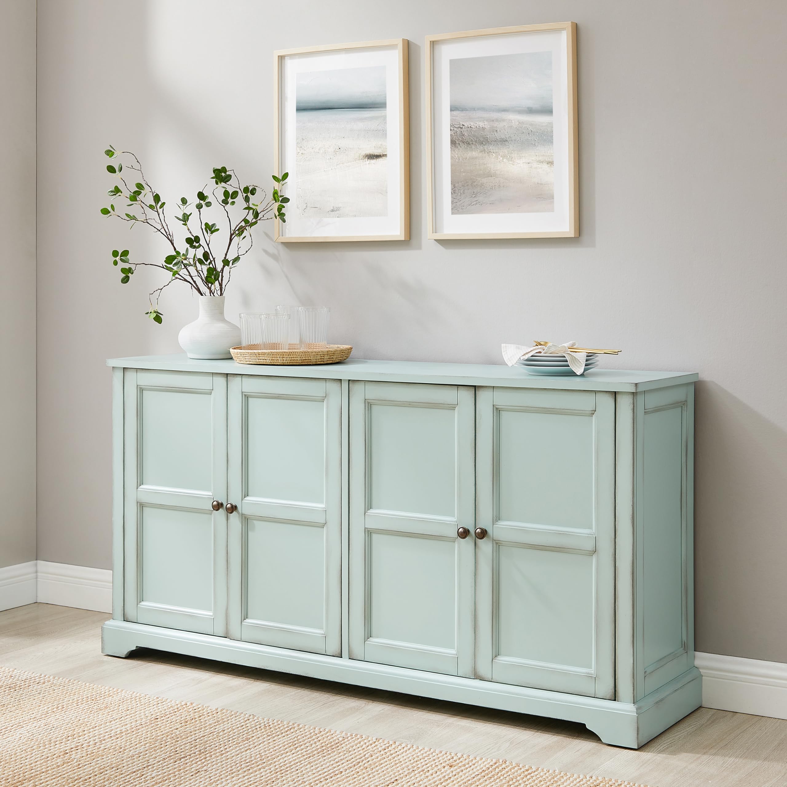 Crosley Furniture Holbrook Traditional Sideboard Buffet Cabinet, Kitchen Storage, Living Room TV Stand, Distressed Seafoam Blue - Image 8