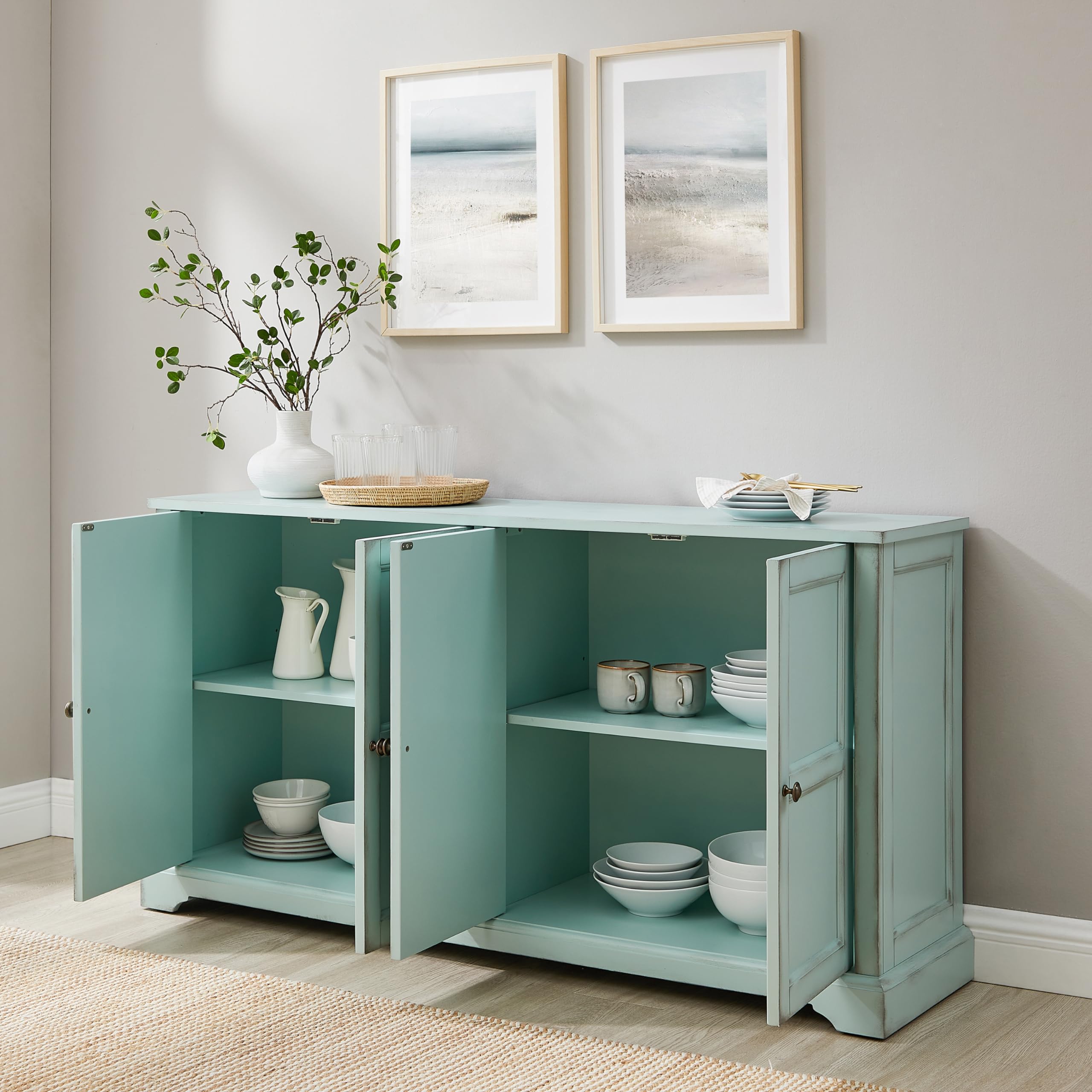 Crosley Furniture Holbrook Traditional Sideboard Buffet Cabinet, Kitchen Storage, Living Room TV Stand, Distressed Seafoam Blue - Image 9