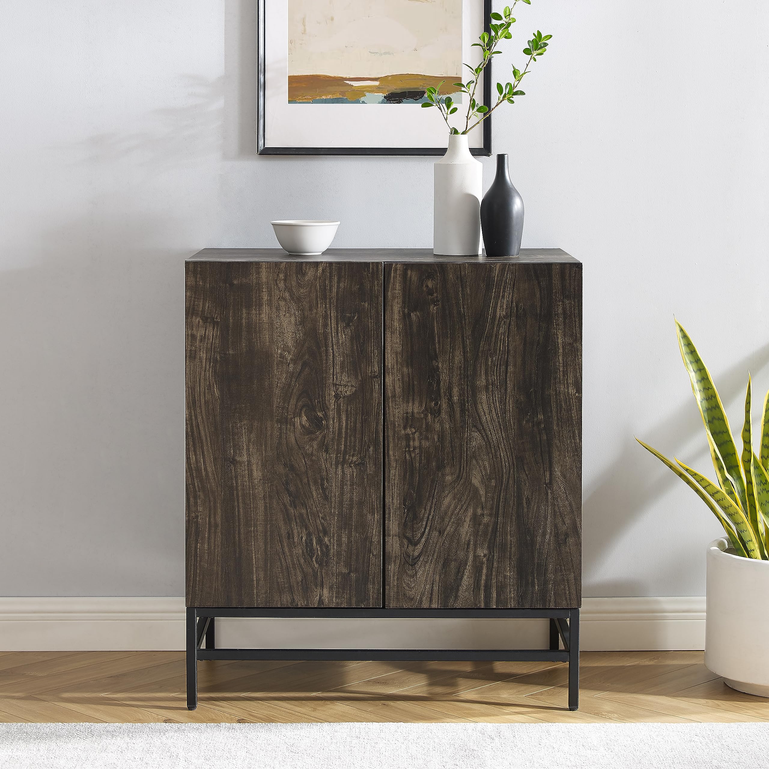 Crosley Furniture Jacobsen Bar Cabinet with Storage Shelves and Wine Rack, Brown Ash/Matte Black - Image 6